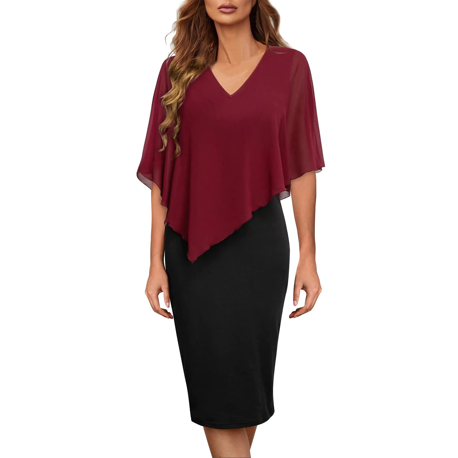 Twoker Women's Chiffon Capelet Sleeve V-Neck Cocktail Dress - Elegant Formal Evening Gown with Solid Color & Neck Splice Design for Parties, Weddings & Special Occasions