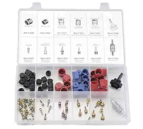 AC Cap and Valve Core Assortment Kit with Tools 2663 - Complete A/C Service Kit for Car, Truck, RV - Perfect for HVAC Technicians and DIY Auto Repairs