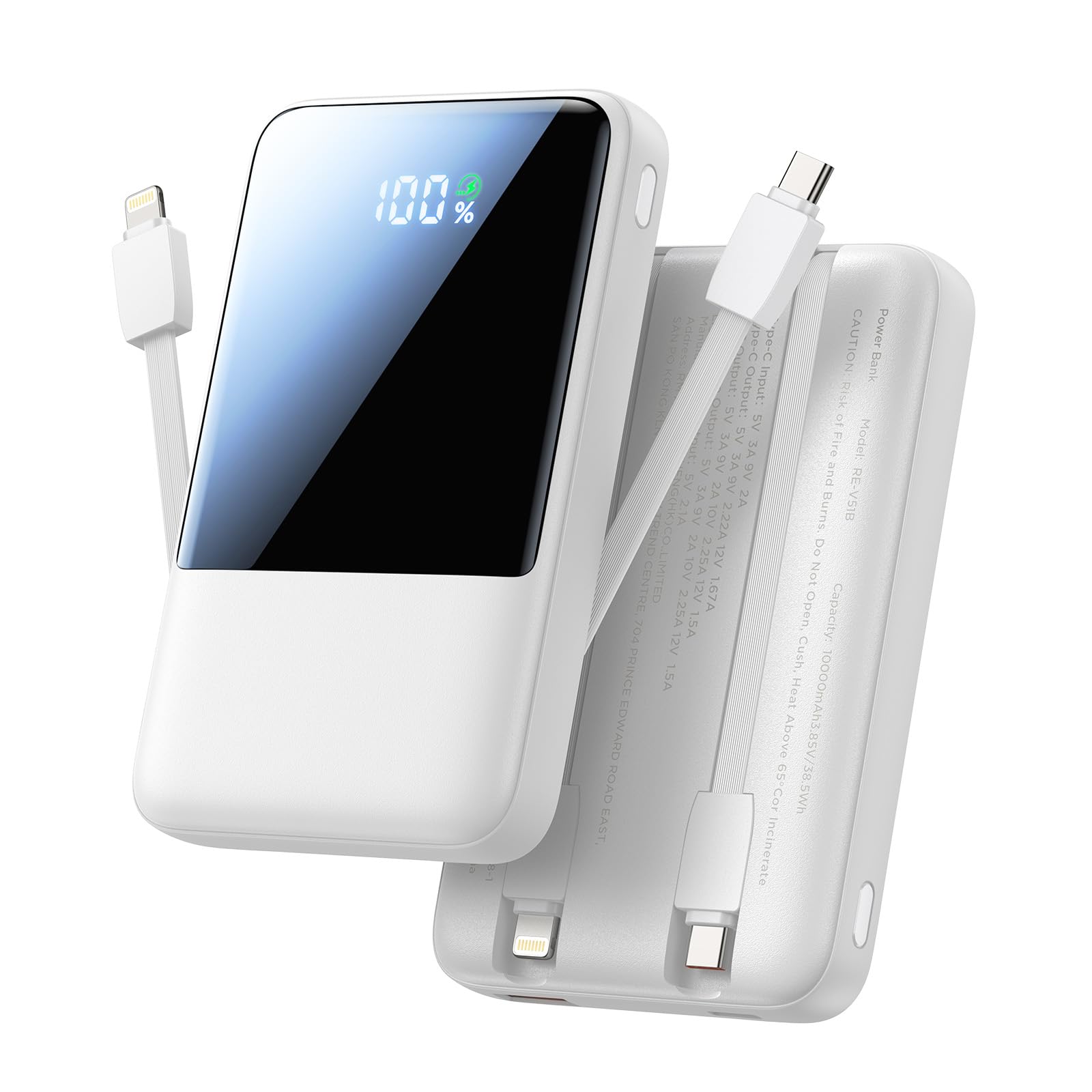 Aioneus 10000mAh Portable Charger with Built-in Cable - 22.5W Fast Charging Power Bank for iPhone 11/12/13/14/15/16, Samsung Galaxy S24/S23 & Android Phones | Compact USB-C Travel Charger for Camping, Travel & Emergency Power Backup
