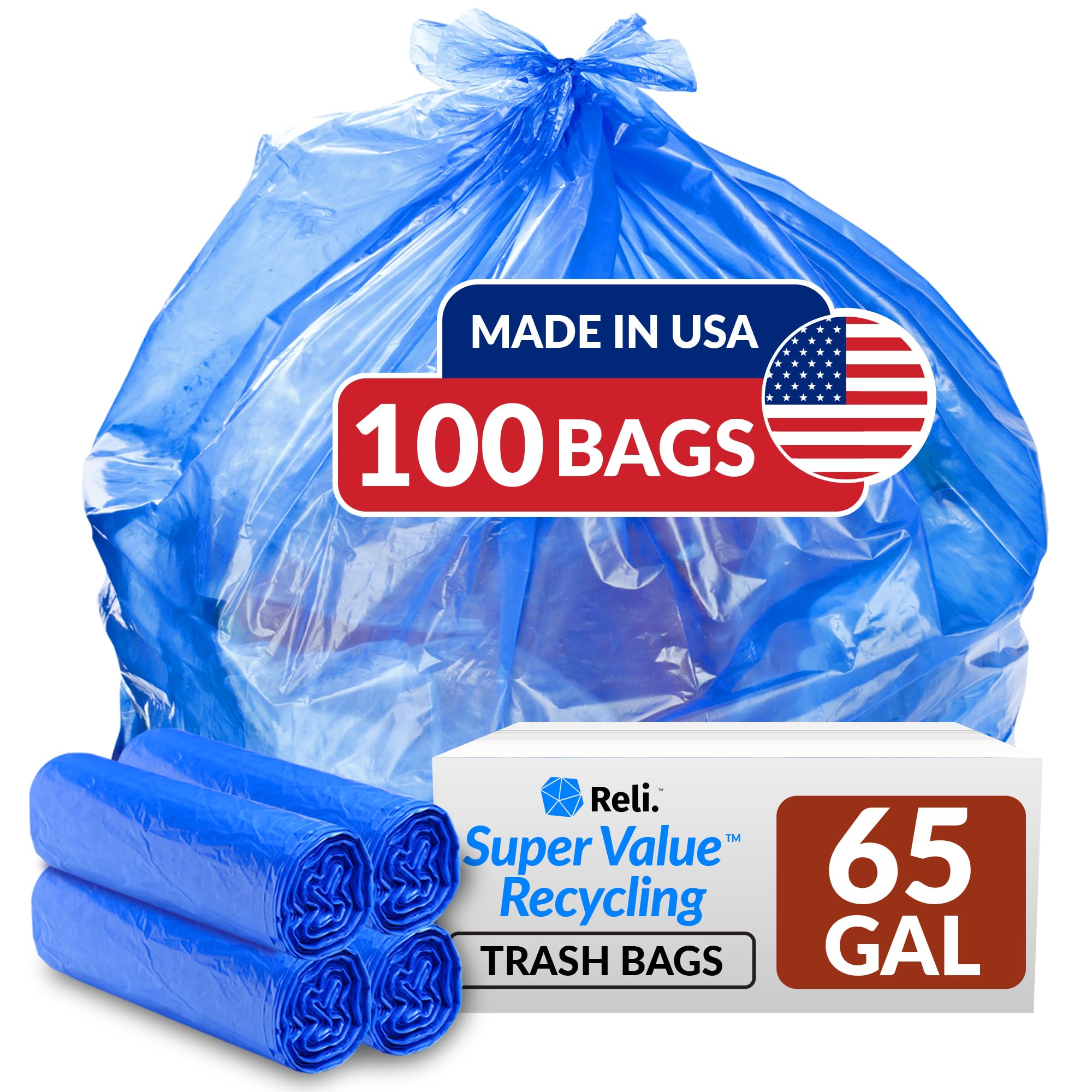 Reliable 65 Gallon Blue Recycling Bags - Heavy Duty Large Trash Bags (100 Count) | Perfect for Home, Office & Outdoor Waste Disposal