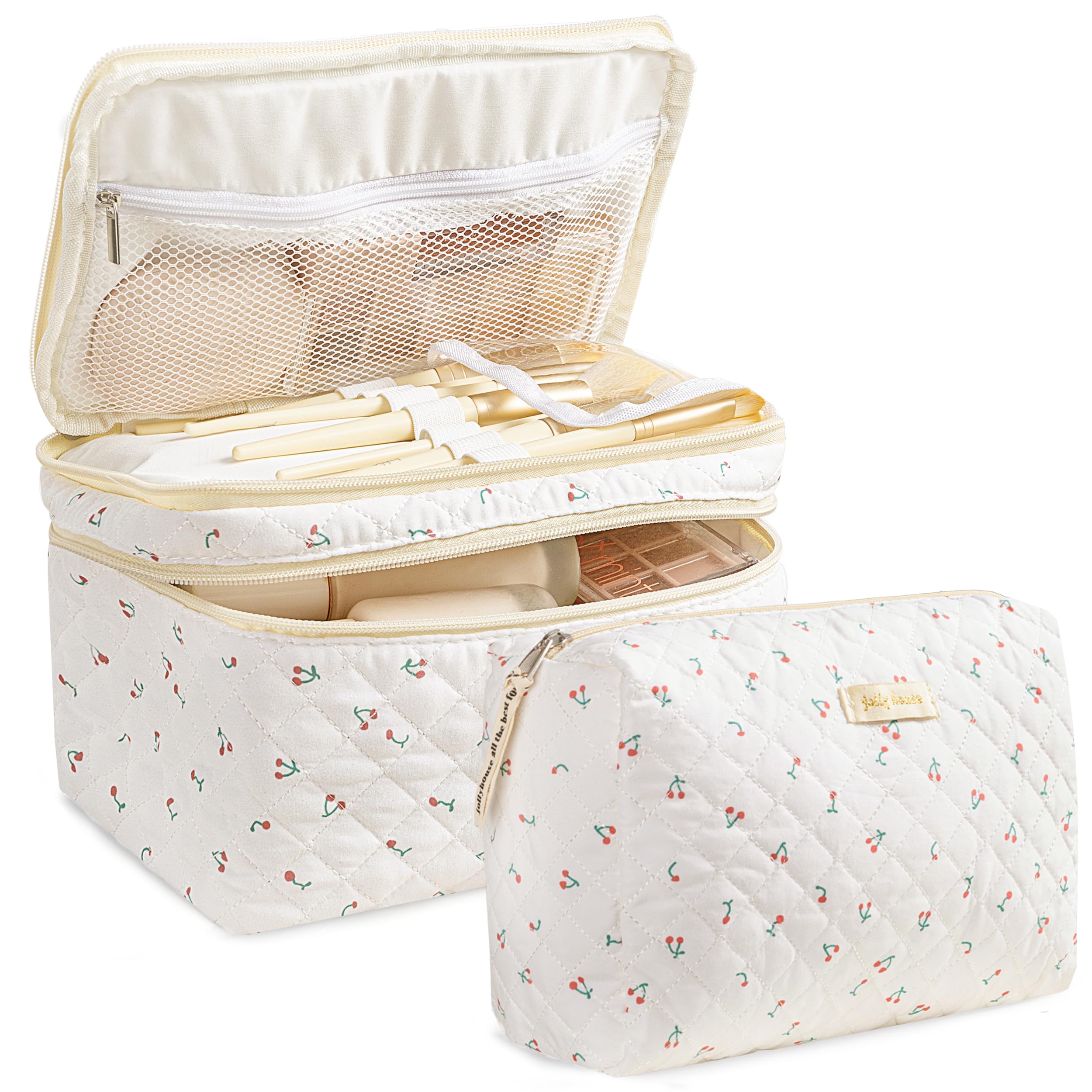 HBselect 2Pcs Double Layer Travel Makeup Bag for Women - Cotton Quilted Cosmetic Organizer, Large Aesthetic Cute Kawaii Cherry Design Toiletry Bag - Perfect for Travel, Gym, Beach & Daily Use