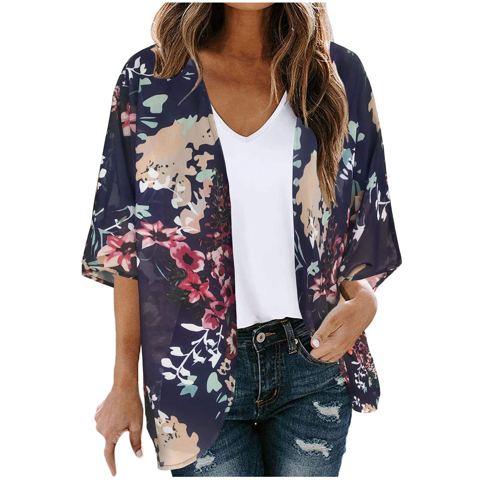 GBSELL Women's Floral Print Chiffon Blouse - Puff Sleeve Kimono Cardigan Loose Cover Up Tops for Casual Wear | Perfect for Summer Outfits, Beach Cover-Ups & Boho Fashion Styles