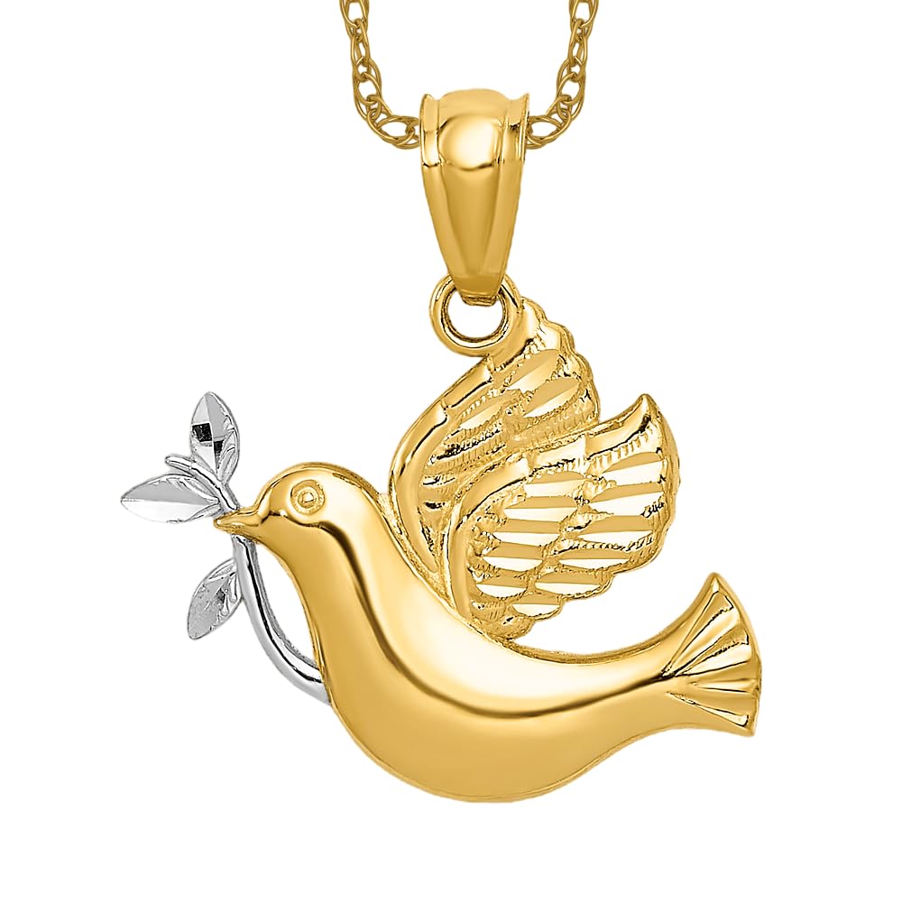 14K Solid Yellow Gold Dove Necklace with Olive Branch - Peace, Love & Holy Spirit Symbol - Religious Christian Jewelry Gift for Women - Perfect for Baptism, Confirmation & Spiritual Occasions