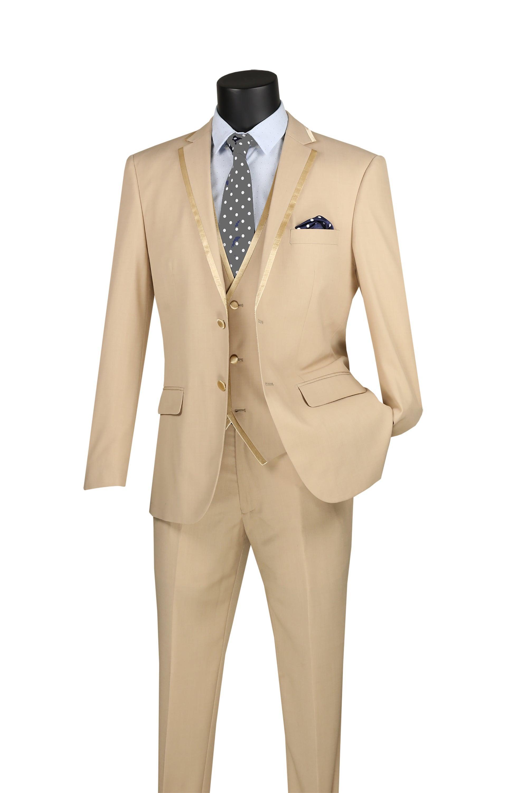 Beige Trimmed Lapel Slim Fit 3 Piece Suit for Men | Formal Business Attire | Wedding, Office & Special Occasion Outfit