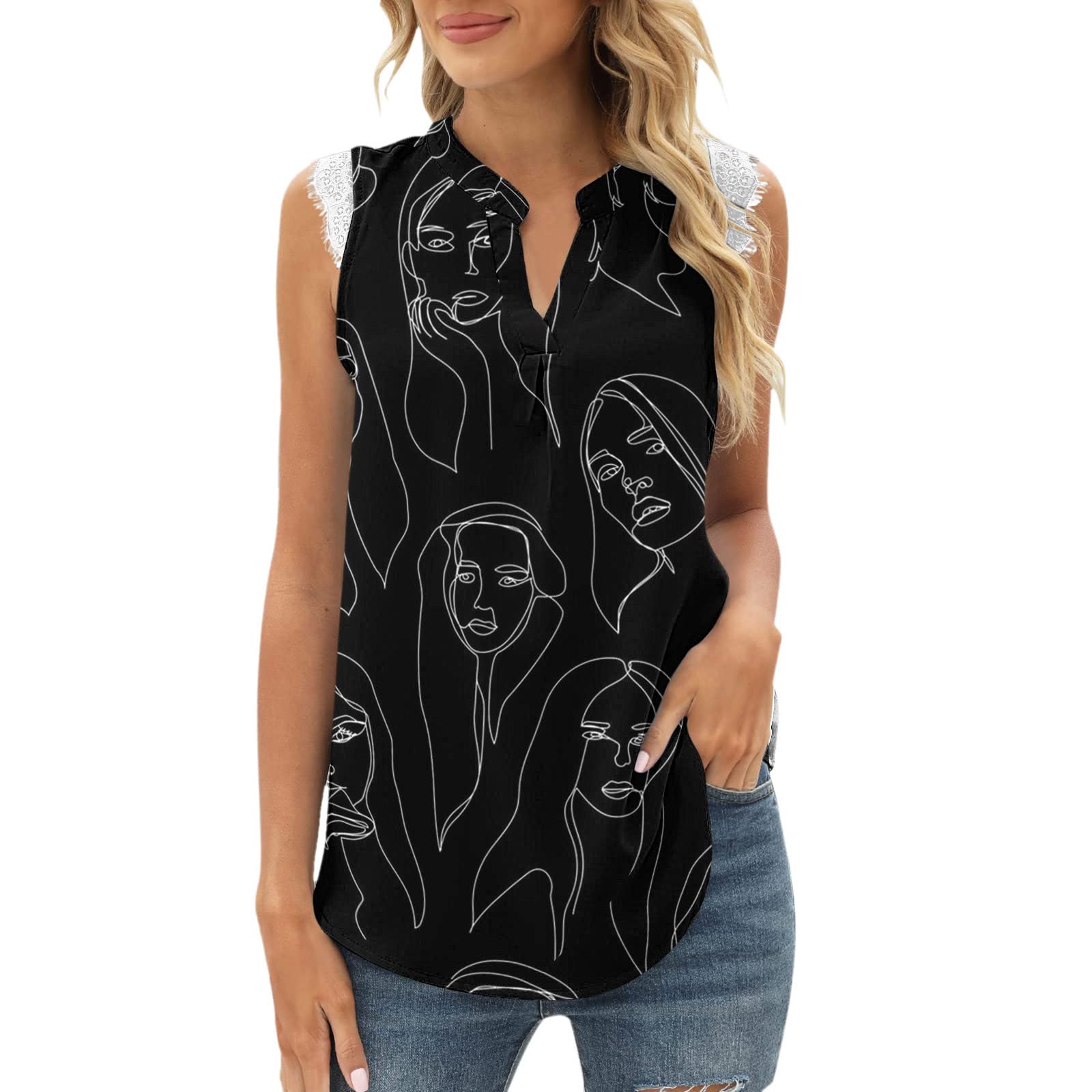 Women's V-Neck Printed Tank Tops - Lace Trim Sleeveless Cami Shirts for Summer | Casual Tunic Blouse for Women | Perfect for Beach Outings, Date Nights & Summer Vacations