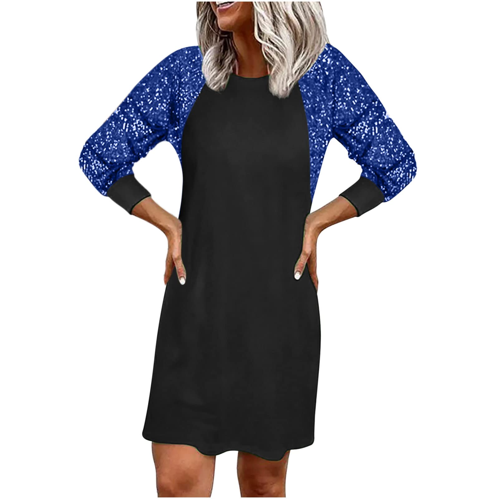 OTRYLN Women's Sequin Long Sleeve Swing Dress - Elegant Crewneck Skater Cocktail Party Dress for Club, Evening Gown & Holiday Events | Perfect for Night Out, Christmas Party & Special Occasions