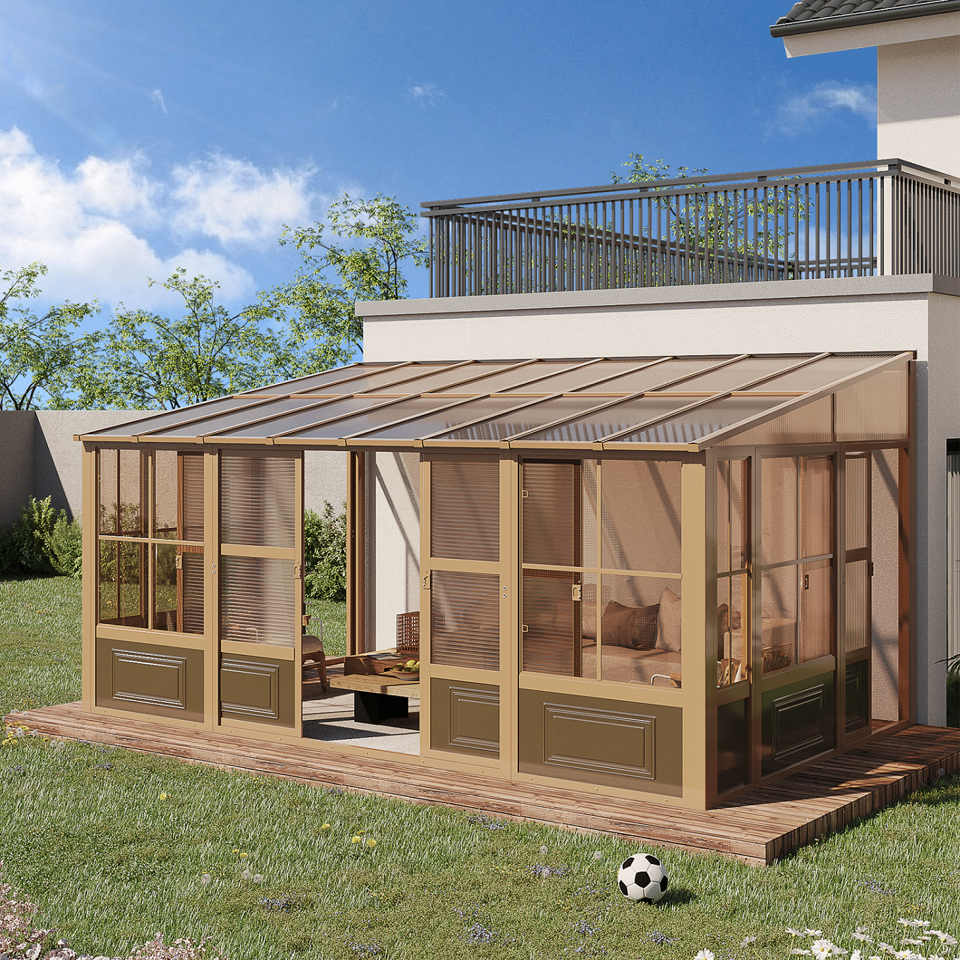 EROMMY 10X16 Lean-to Sunroom Kit for Backyard & Patio - Durable Brown Metal Frame with Polycarbonate Panels | Perfect for Outdoor Relaxation, Gardening & Entertaining
