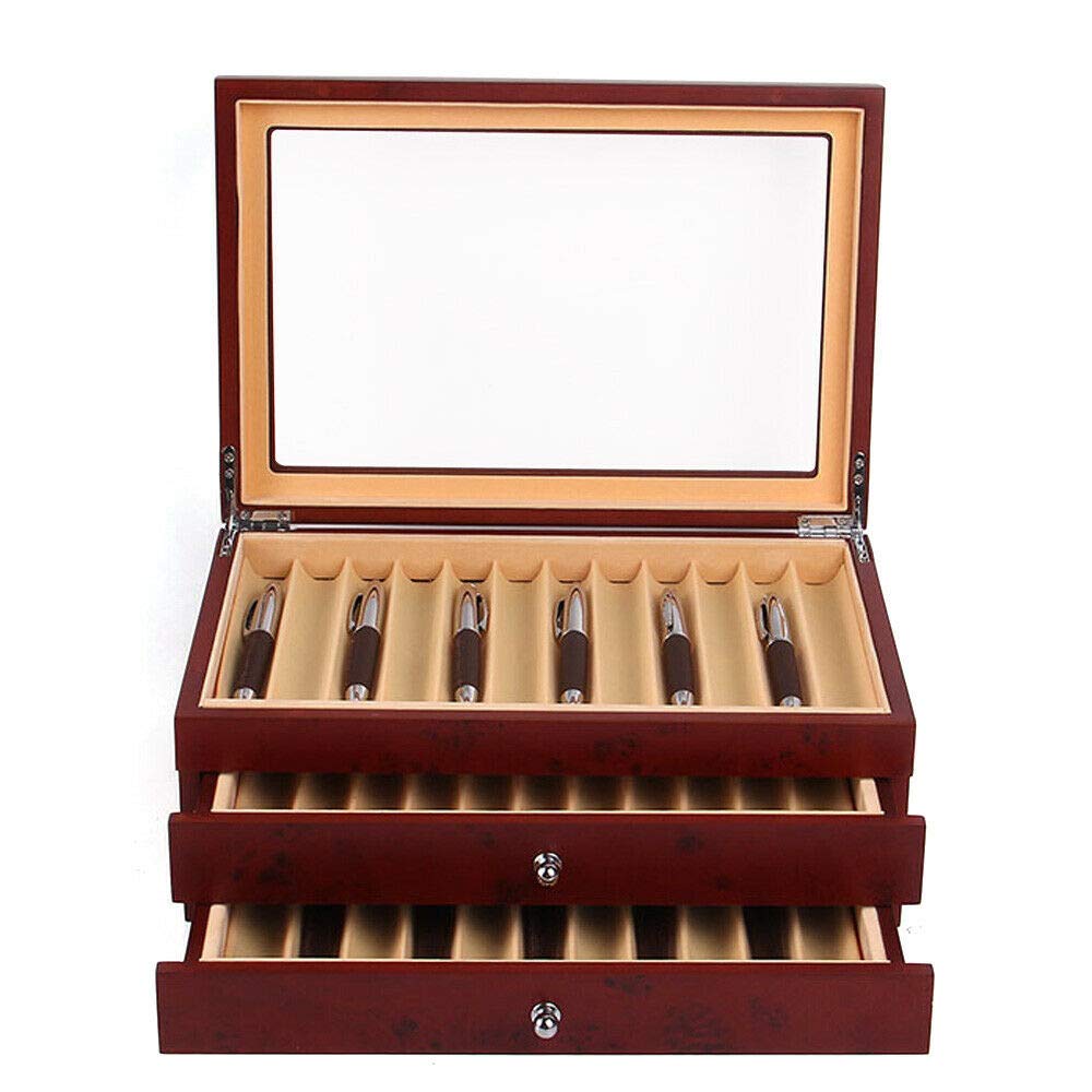3 Layer 34 PCS Wooden Pen Display Box with Lid - Fountain Pen & Ballpoint Pen Organizer Case - Perfect for Collectors, Artists & Office Storage Organization