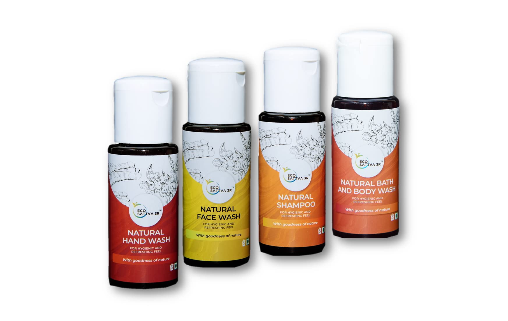 EcoSattva 3R Bathroom Essential Combo - Natural Bath & Body Wash, Face Wash, Hand Wash & Shampoo (50ml Each) | Eco-Friendly Travel Kit for Camping, Gym & Home Use