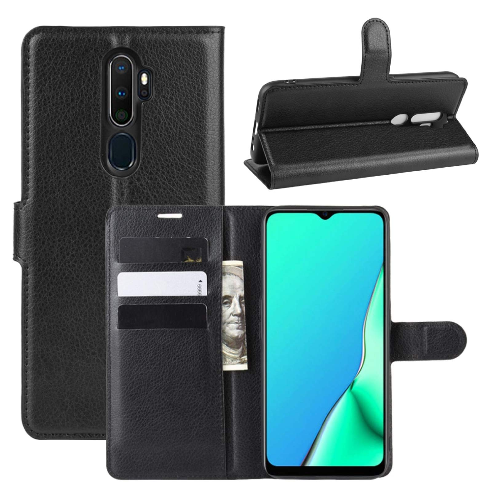 Premium Leather Flip Wallet Case for Oppo A9 (2020) - Litchi Texture with Card Slots & Stand, Black | Stylish Protection for Daily Use & Travel