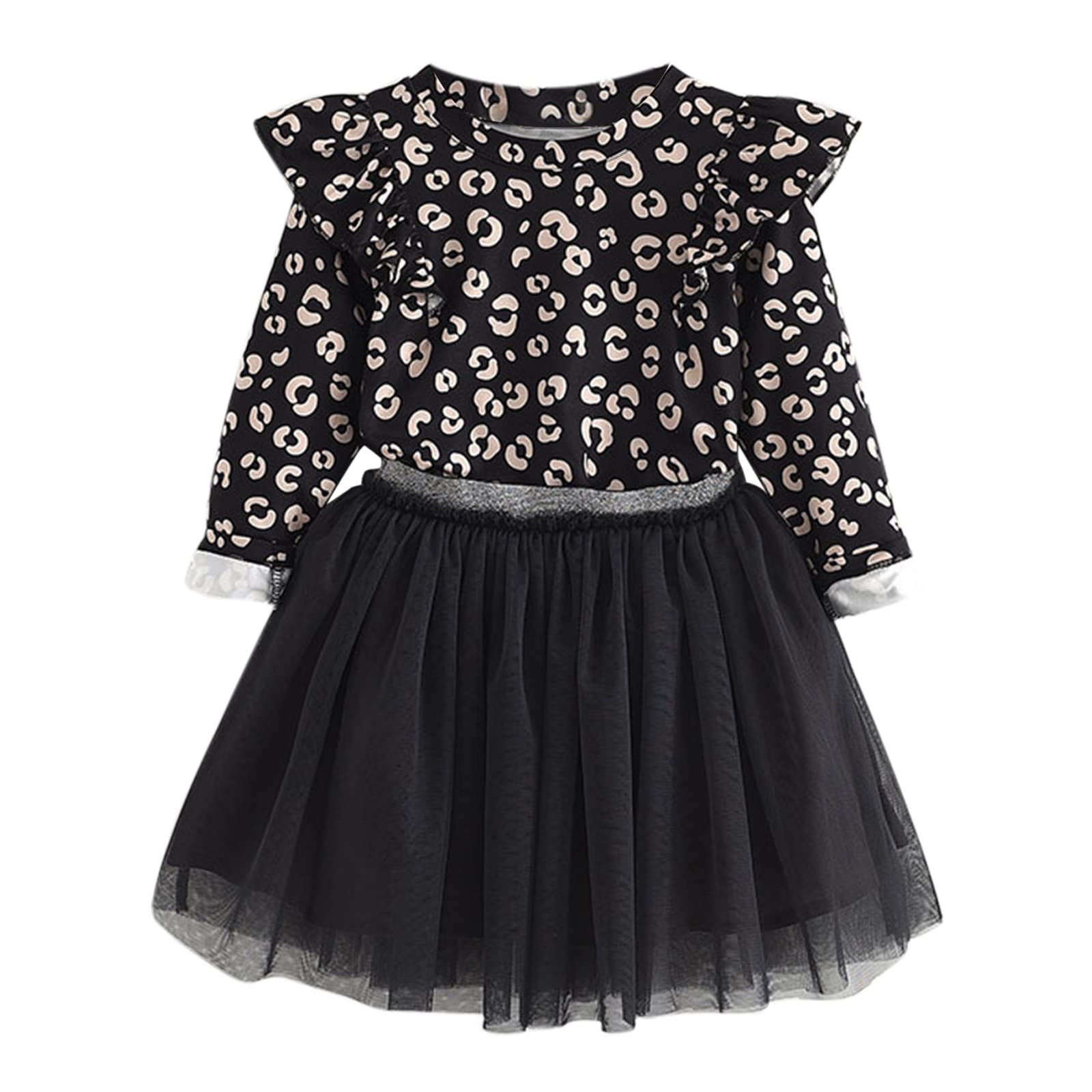 Leopard Print Girls 2-Piece Outfit Set - Ruffled Sleeve T-Shirt & Checkered Skirt for Toddlers (Black, 5-6 Years) | Spring Princess Dress Up, Birthday Party & Photo Shoot Outfits