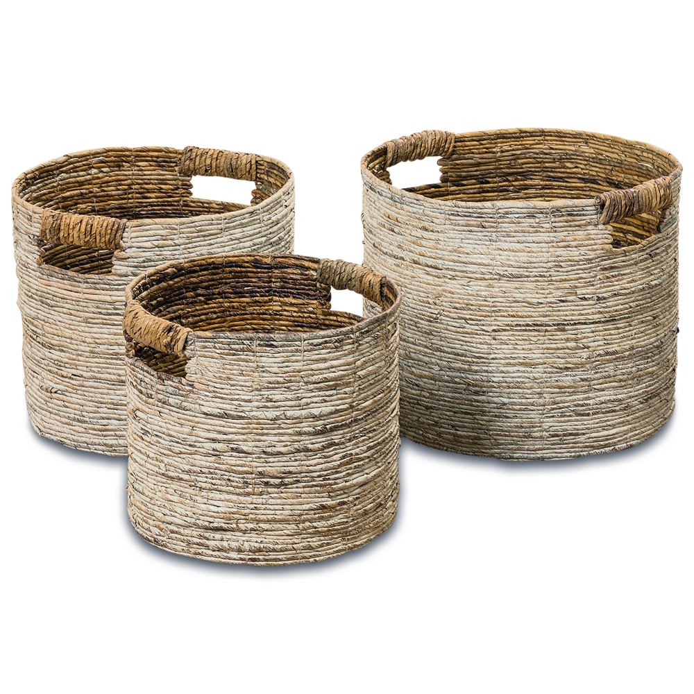 Natural Woven Storage Baskets Set of 3 - Chunky Weave Rustic Home Decor with Cut-Out Handles (10.25