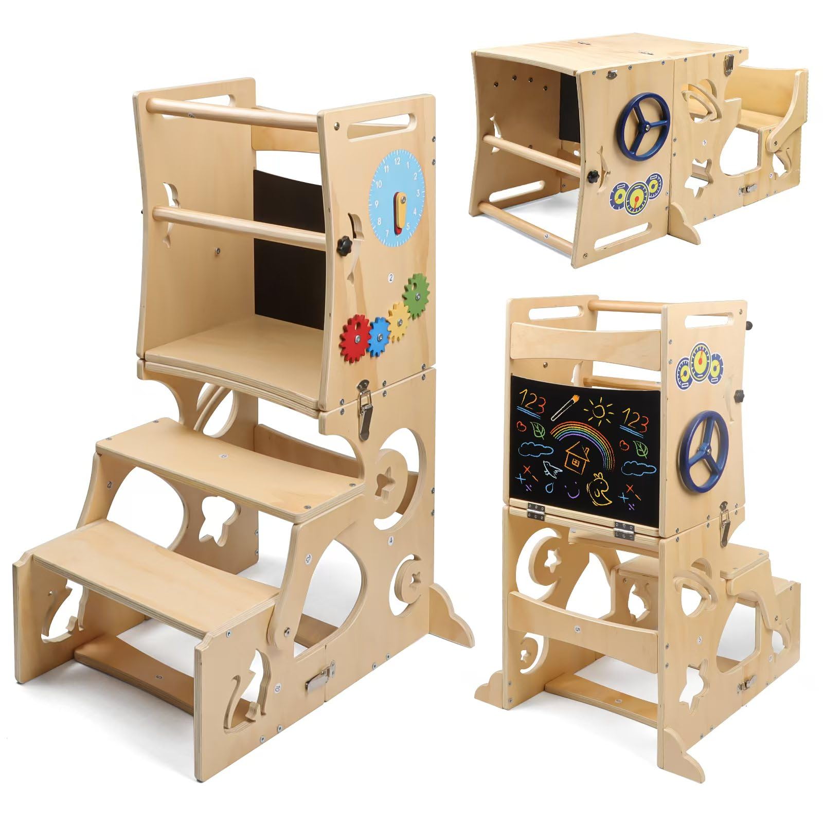Montessori Toddler Learning Tower with Removable Blackboard & Safety Bars - Adjustable Wooden Step Stool for Kitchen Counter, Bathroom & Playroom - Kids Helper Tower for Cooking, Brushing Teeth & Creative Play