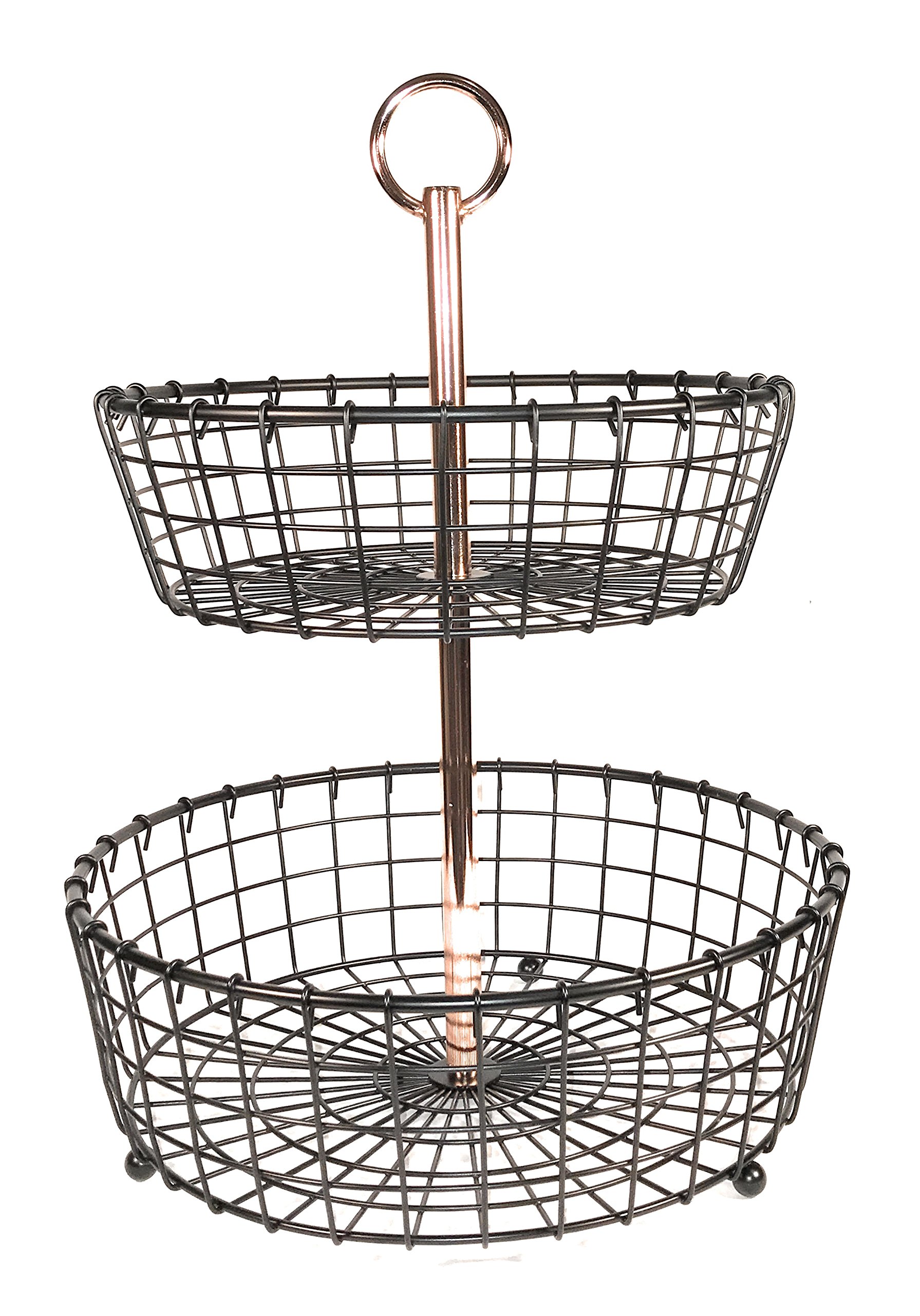 2 Tier Tabletop Basket with Copper Plated Handle - Organize Fruits, Vegetables & Toiletries - Perfect for Kitchen Counter, Bathroom Storage & Home Decor