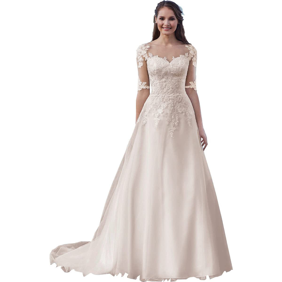 Elegant A-Line Long Sleeve Wedding Dress with V-Neck & Lace Applique - Romantic Bridal Gown for Women | Perfect for Church Ceremonies, Garden Weddings & Formal Receptions
