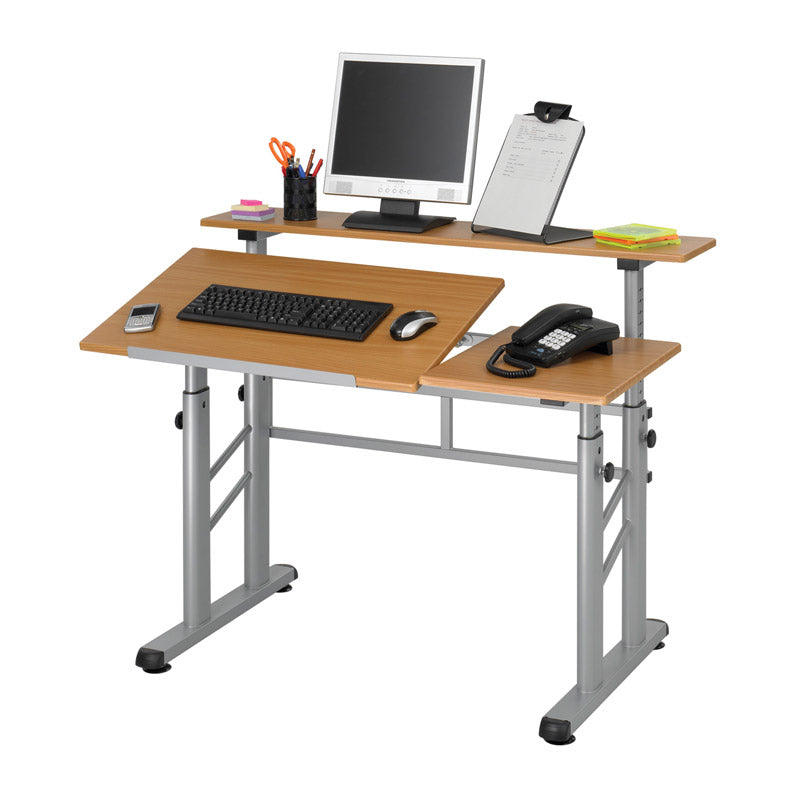 Adjustable Height Split Level Table - Medium Oak with Silver Finish - Perfect for Home Office, Dining Room, or Multi-Purpose Workspace