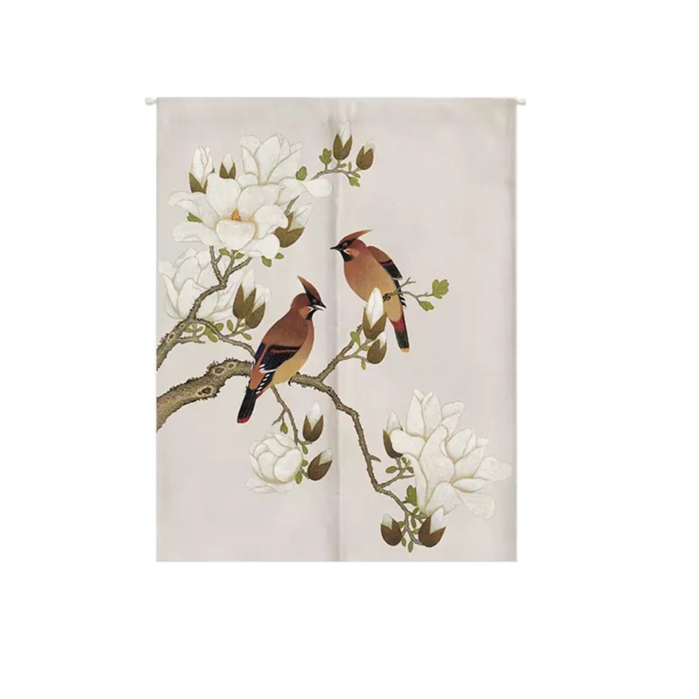 Oncefirst Linen Tapestry Doorway Curtain - Japanese Noren for Door with Magnolia & Crested Lark Design, 31.5