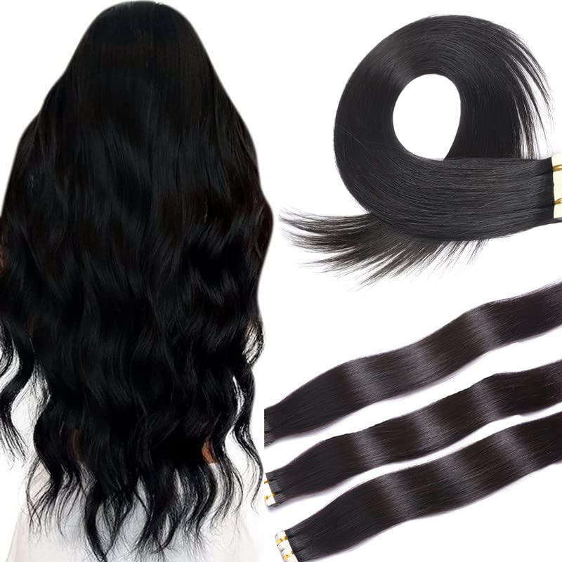100% Real Human Hair Tape in Extensions - Natural Black Straight Seamless Hair Weft (20pcs/50g) for Women | #1 Color | Perfect for Daily Wear, Parties & Special Occasions