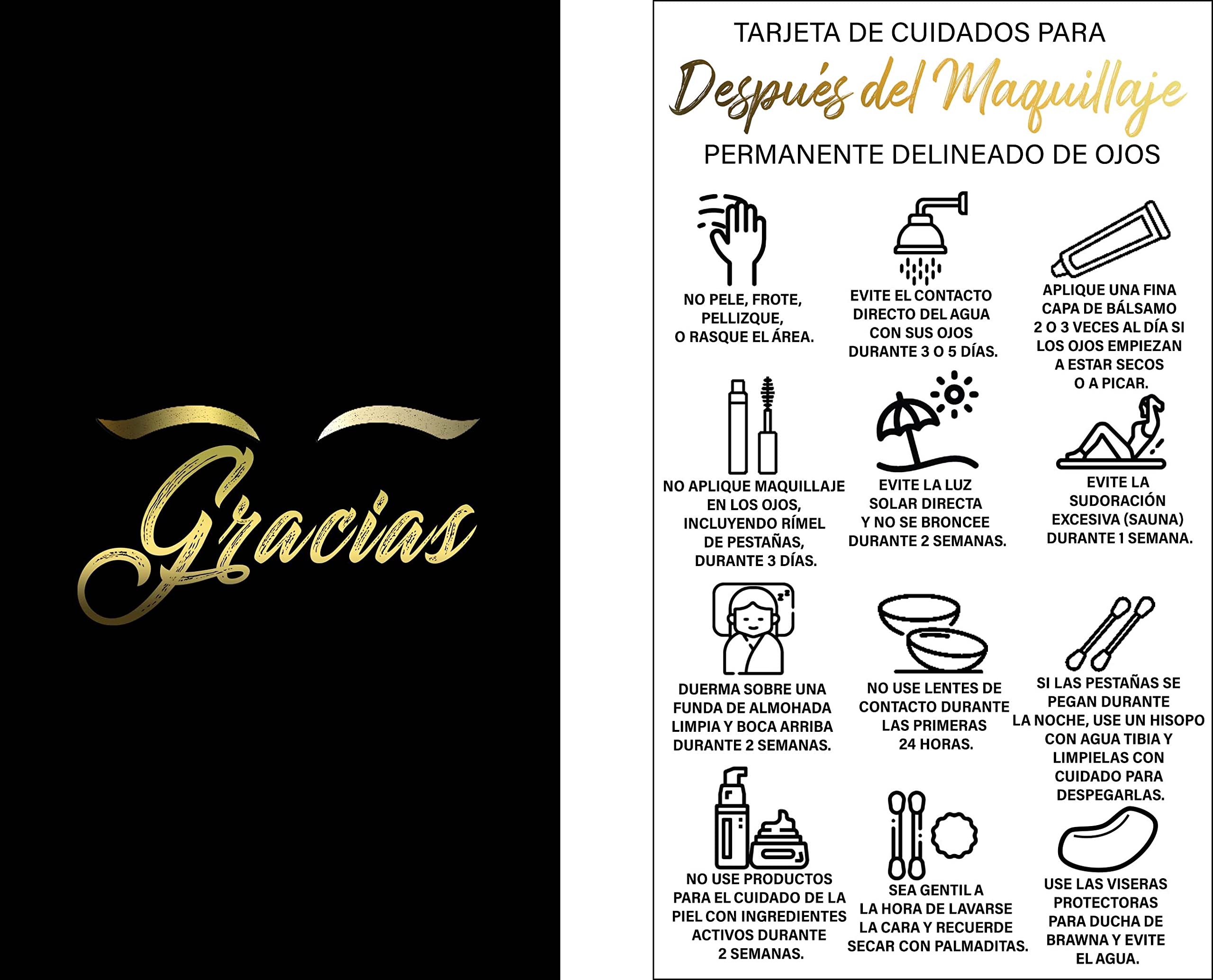 BRAWNA 100 Pack Spanish PMU Eyeliner Aftercare Thank You Cards - Permanent Makeup Aftercare Cards for Microblading & Eyeliner Tattoo - Black - Perfect for PMU Artists & Clients (Salon Use, Client Gifts, Aftercare Reminders)