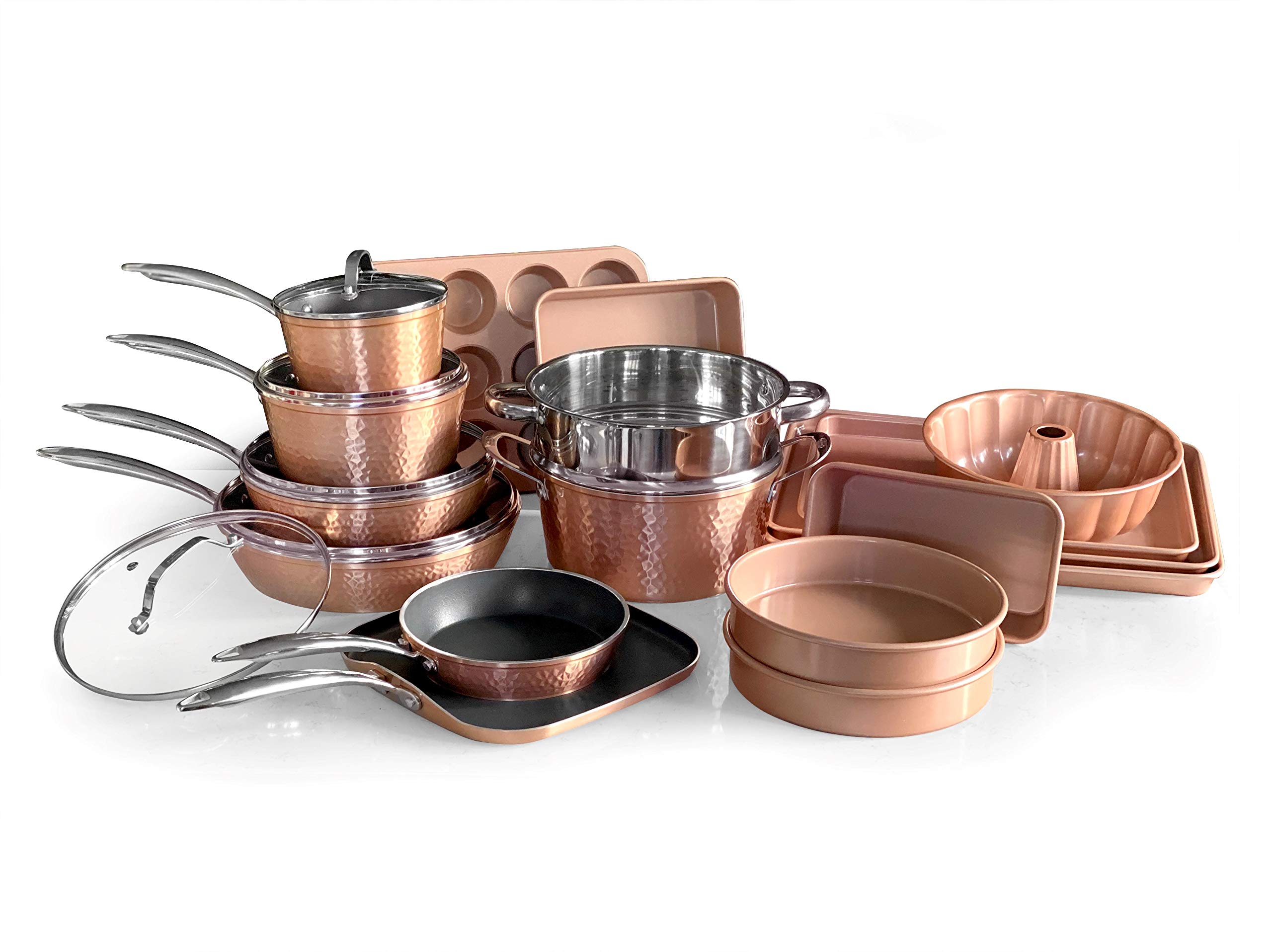OrGREENiC 22-Piece Ceramic Non-Stick Cookware Set with Glass Lids - Rose Gold Hammered Design, Lightweight & Durable Pots and Pans for Gas, Electric & Induction Stoves, Oven Safe to 500°F - Perfect for Everyday Cooking, Family Meals & Entertaining Guests