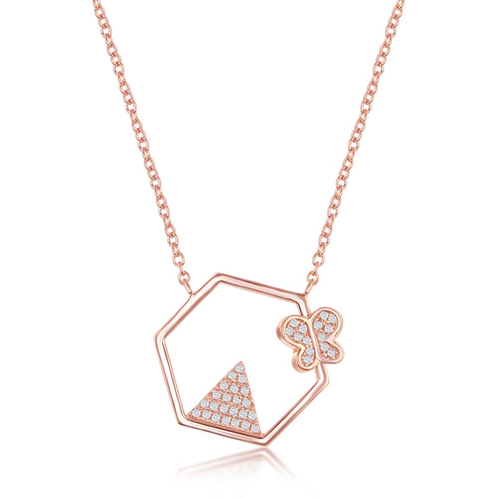 Sterling Silver Triangle & Butterfly Micro Pave CZ Hexagon Pendant Necklace for Women - Elegant Layering Jewelry for Date Night, Party & Special Occasions