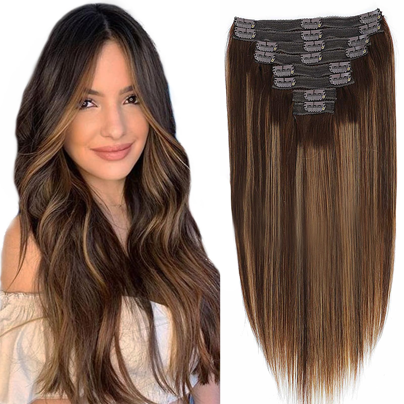 Clip in Human Hair Extensions 120g - 8PCS Remy Straight Hair Extensions Balayage Chocolate Brown to Caramel Blonde (24inch, #4/27/4) - Perfect for Daily Styling, Parties & Special Occasions