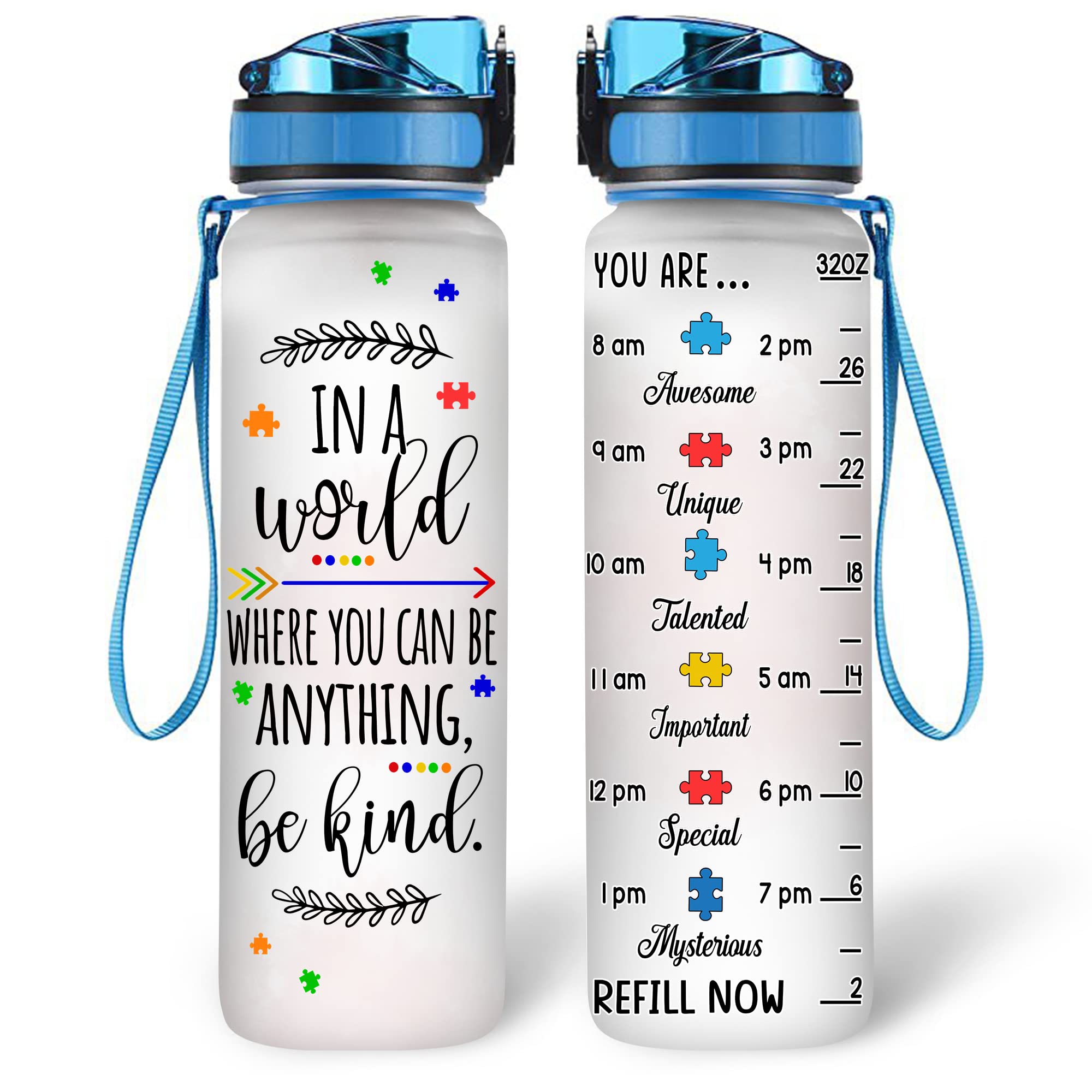 HYTURTLE 32Oz Motivational Water Bottle with Time Marker - Autism Awareness Support, BPA-Free Leak Proof Design - Perfect Gift for Women, Kids, Birthday & Mother's Day - Ideal for Gym, School & Outdoor Activities