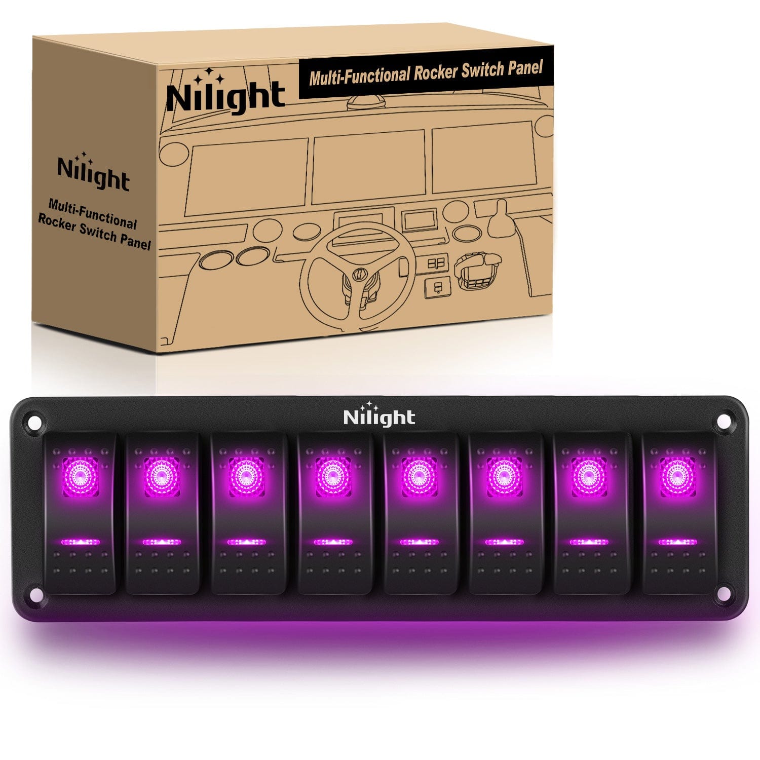 8 Gang Aluminum 5 Pin ON/Off Rocker Switch Panel - Purple LED Illuminated Boat RV Marine Car Dashboard Control Panel for Electrical System