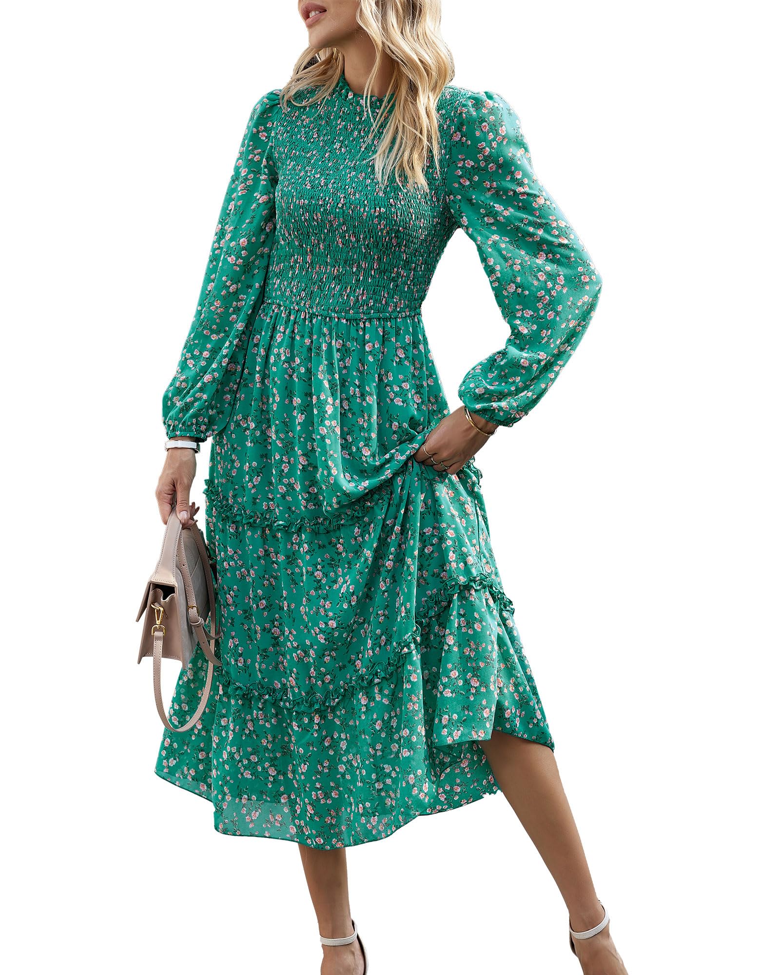NOLLSOM Women's Floral Boho Maxi Dress - Long Sleeve Crew Neck A-Line Flowy Wedding Guest Dress for Spring 2025 | Perfect for Casual Wear, Beach Vacations & Special Occasions