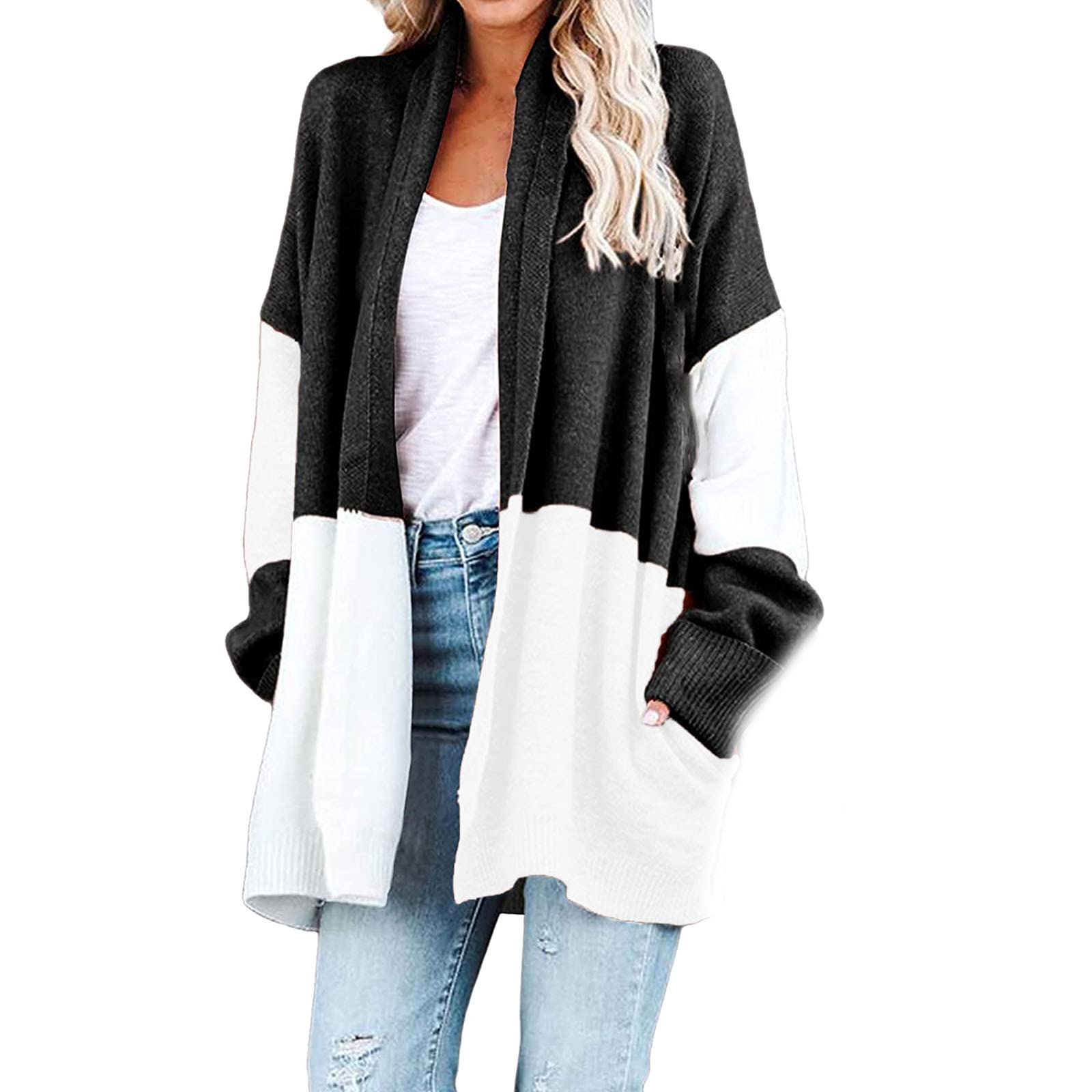 Women's Lightweight Fall Cardigan - Color Block Long Sleeve Open Front Knit Coat | Soft Casual Jacket for Work, Travel & Cozy Evenings