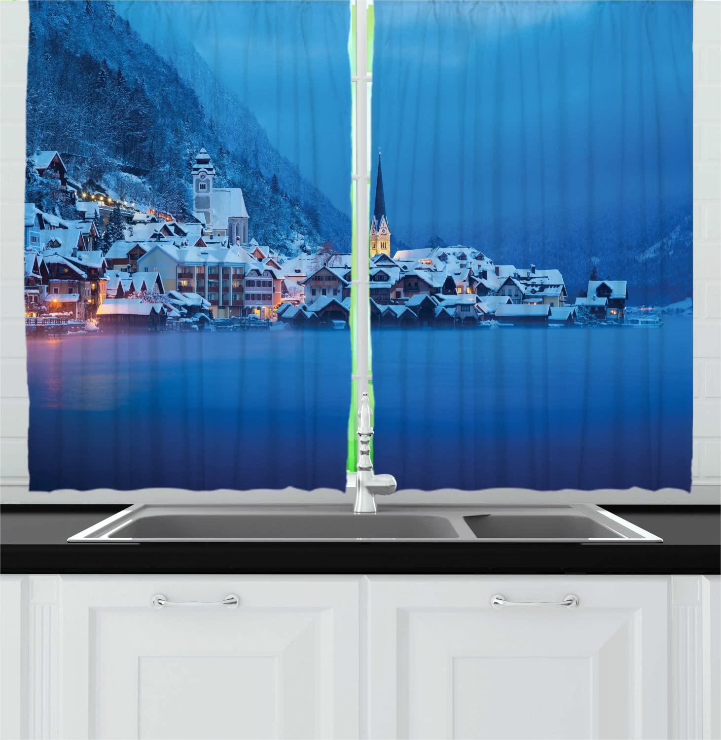 Ambesonne Alps Long Kitchen Curtains - Winter Landscape Hallstatt Austria Lake View Drapes, 55