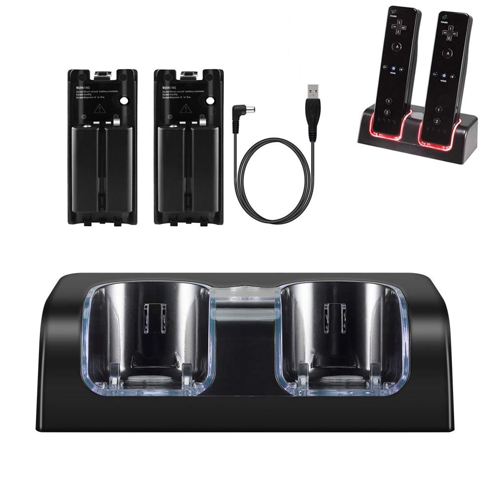 Nintendo Wii Remote Controller Charger Dock Station with 2 Rechargeable Batteries & USB Cable - Black | Fast Charging for Wii Gaming Accessories | Perfect for Home Entertainment & Multiplayer Gaming Sessions