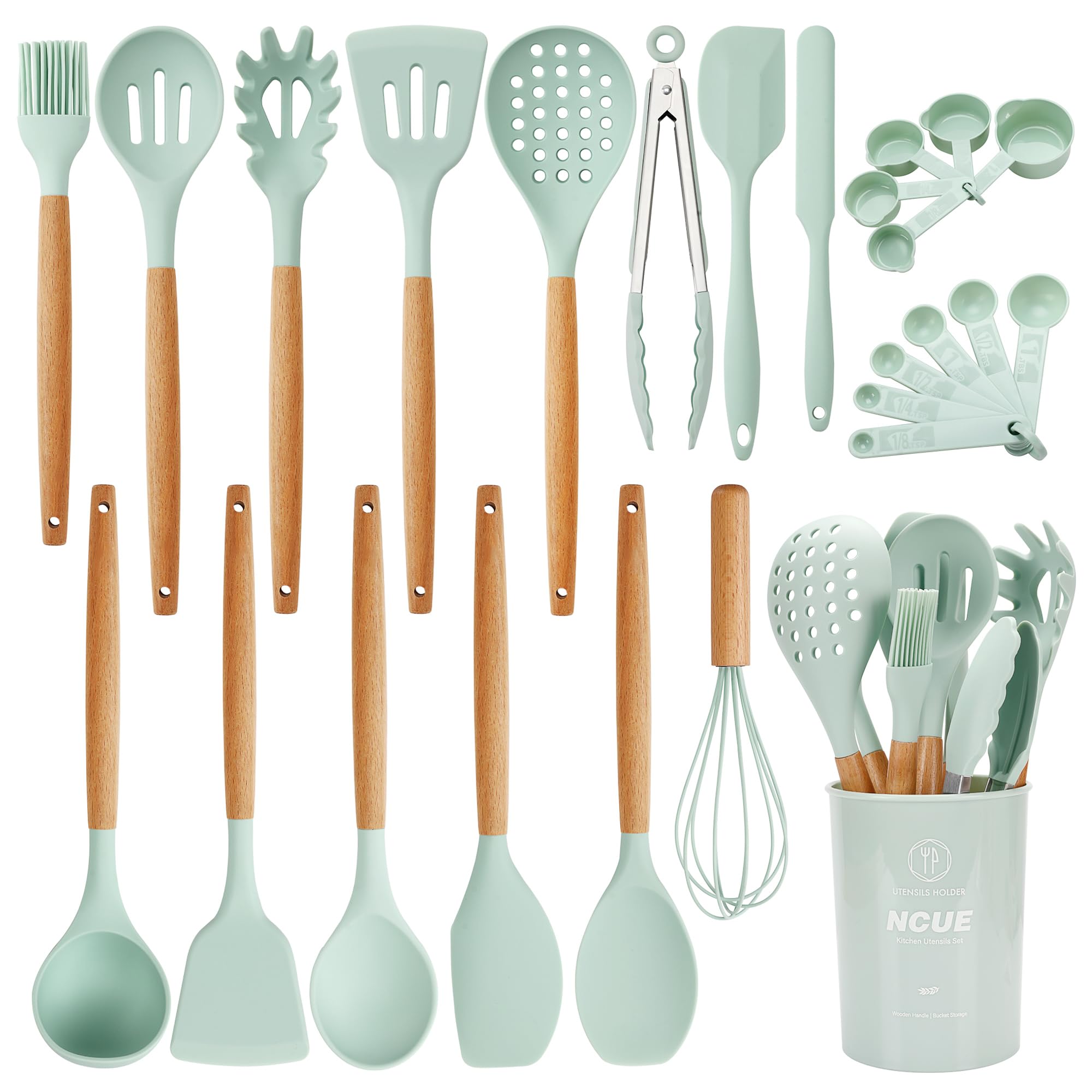 BPA-Free Silicone Cooking Utensils Set with Holder - 6-Piece Non-Stick Kitchen Tools with Wooden Handles & 446°F Heat Resistance (Light Green) - Perfect for Baking, Frying, and Everyday Cooking