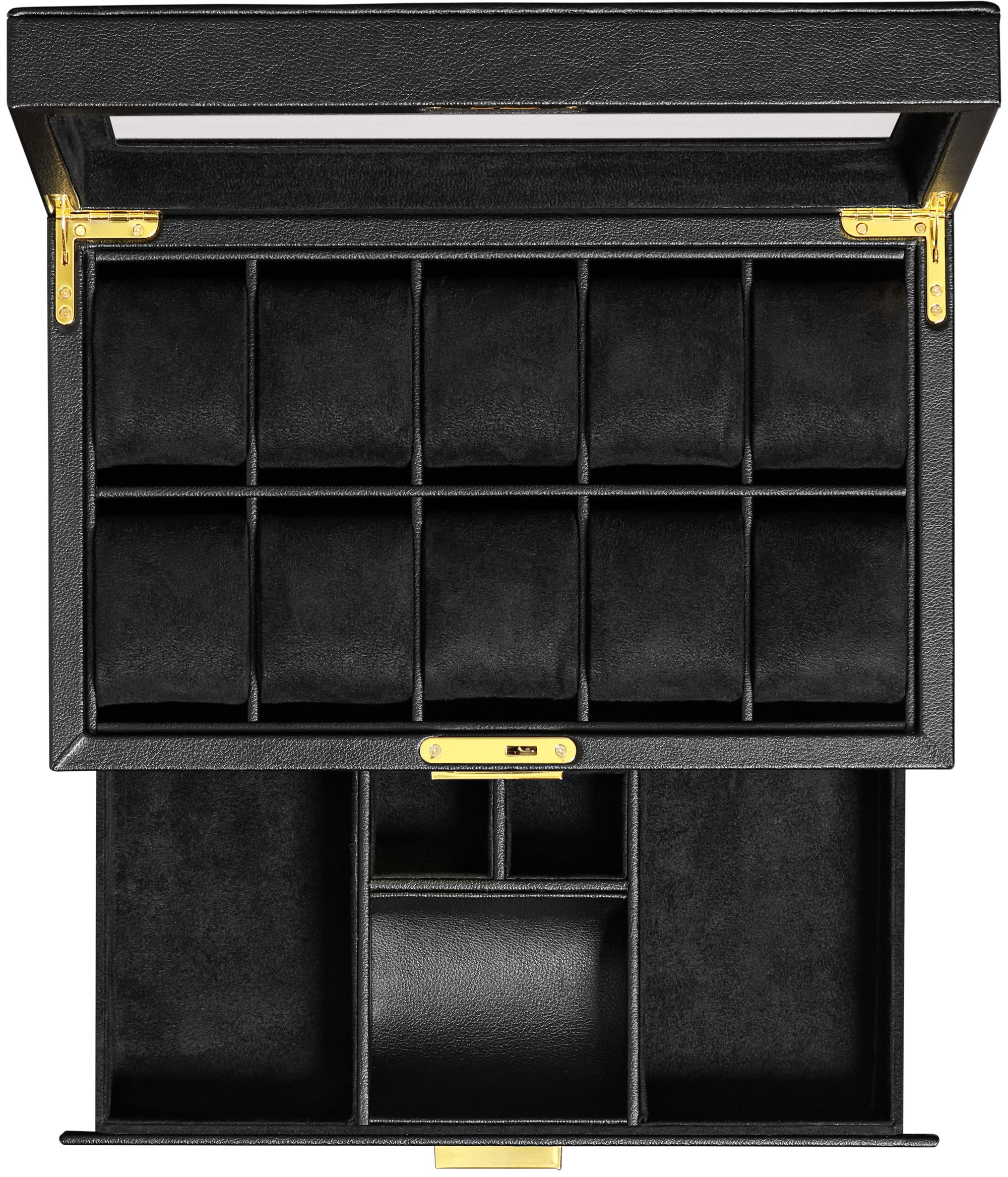 ROTHWELL 10 Slot Leather Watch Box with Valet Drawer - Luxury Watch Case Organizer for Men & Women, Ultra Soft Microsuede Liner, Locking Jewelry Storage with Large Glass Top - Perfect for Watch Collection Display, Travel & Gift Giving
