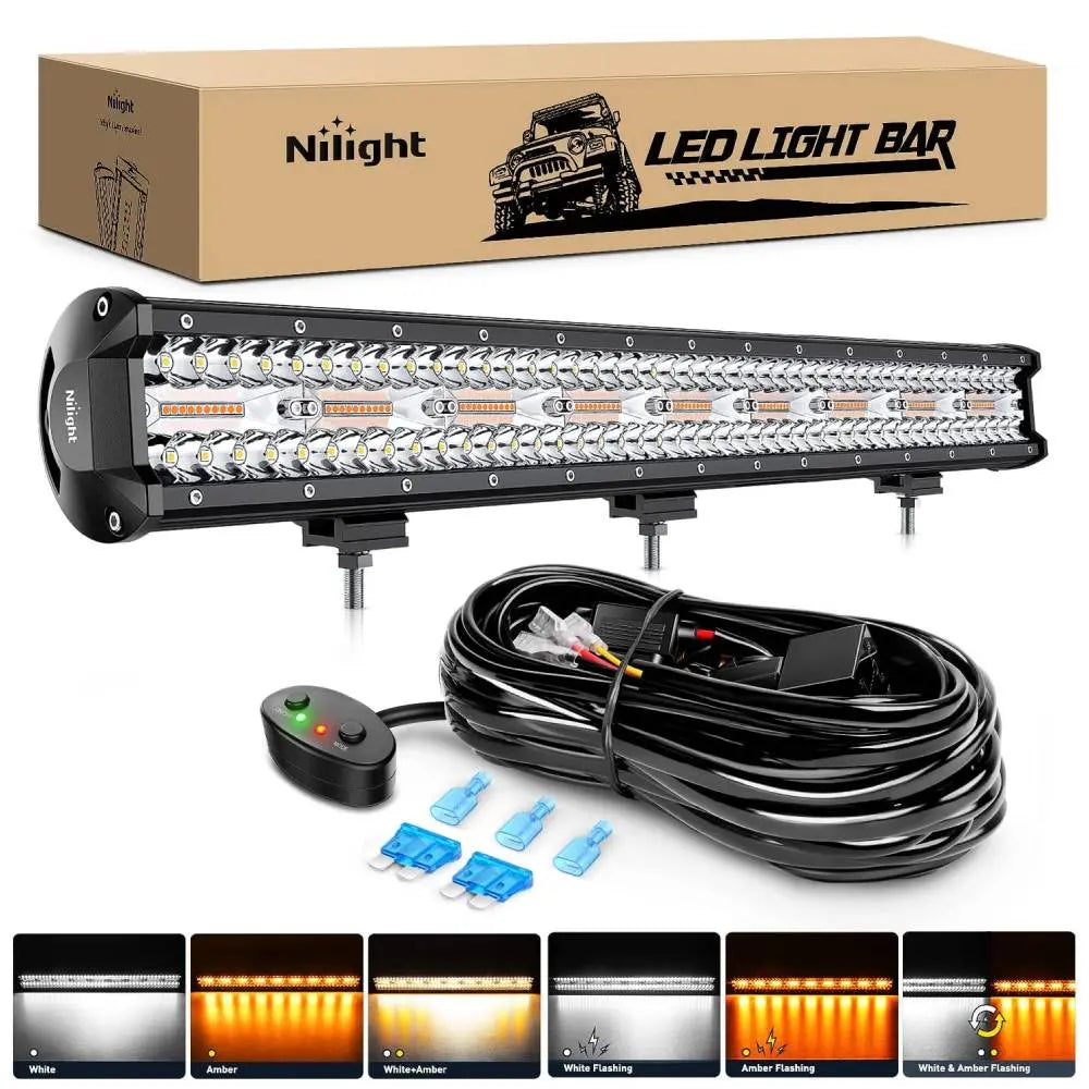 26 Inch 540W Triple Row Amber White Spot Flood LED Light Bar with 16AWG DT Wire - Off-Road, Truck, ATV, UTV, Jeep Lighting for Night Driving & Outdoor Adventures