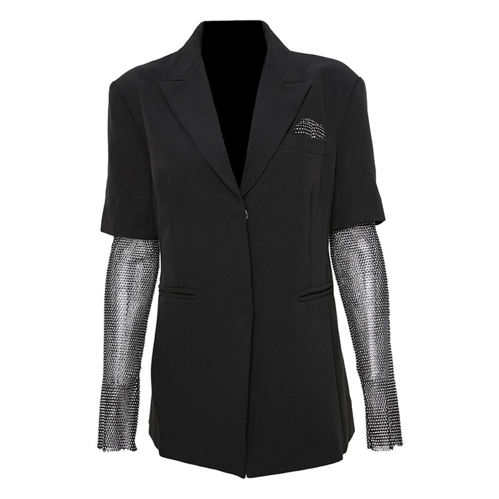 YFQHDD Women's Black Rhinestone Embroidered Blazer - Long Sleeve Loose Fit Lapel Jacket for Spring & Autumn | Office Wear, Party Outfit, Business Casual (Size S)