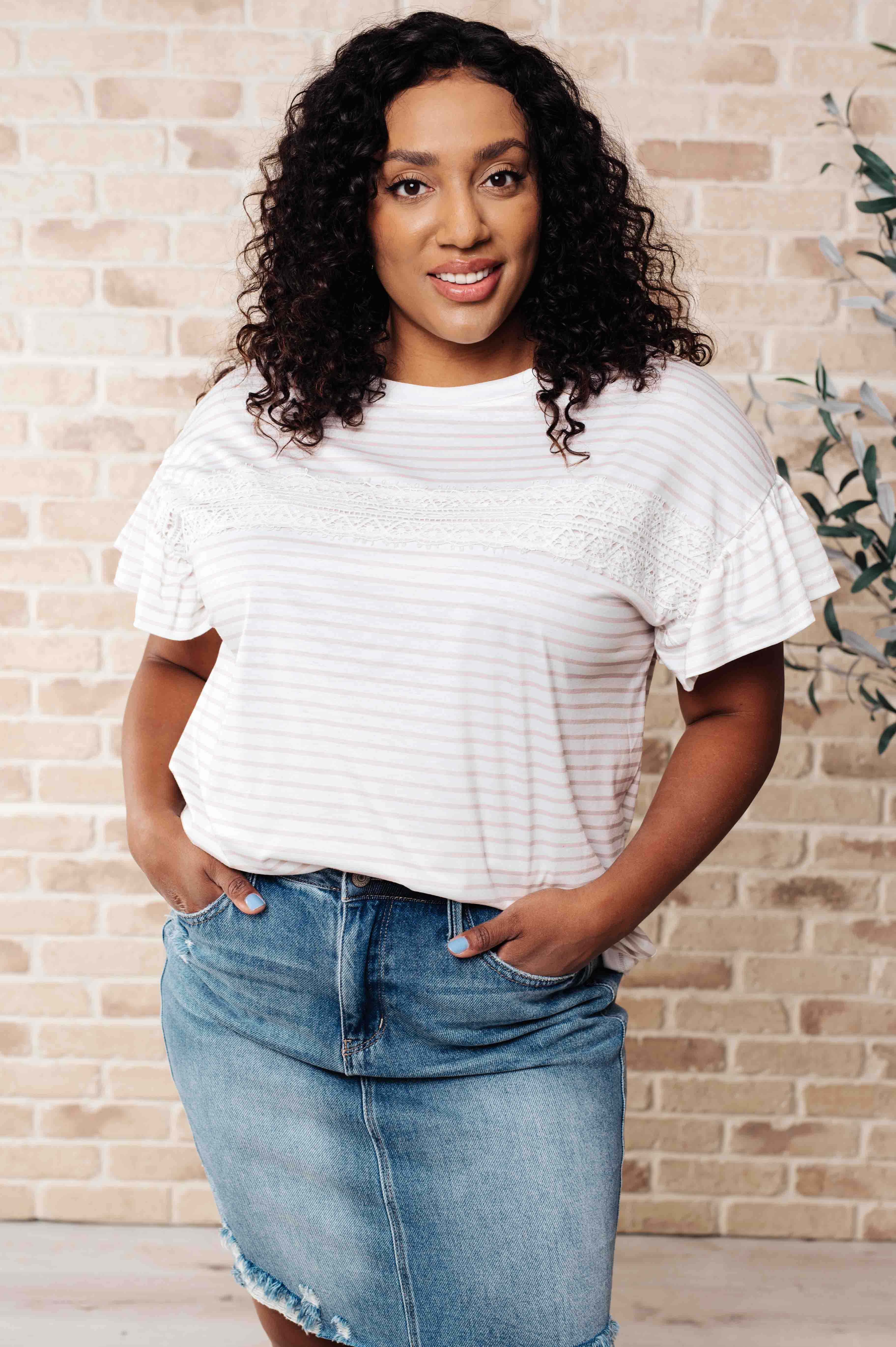 Hand to Hold Lace Detail Striped Top - Women's Fashion Blouse for Casual Wear, Date Night & Office Outfits