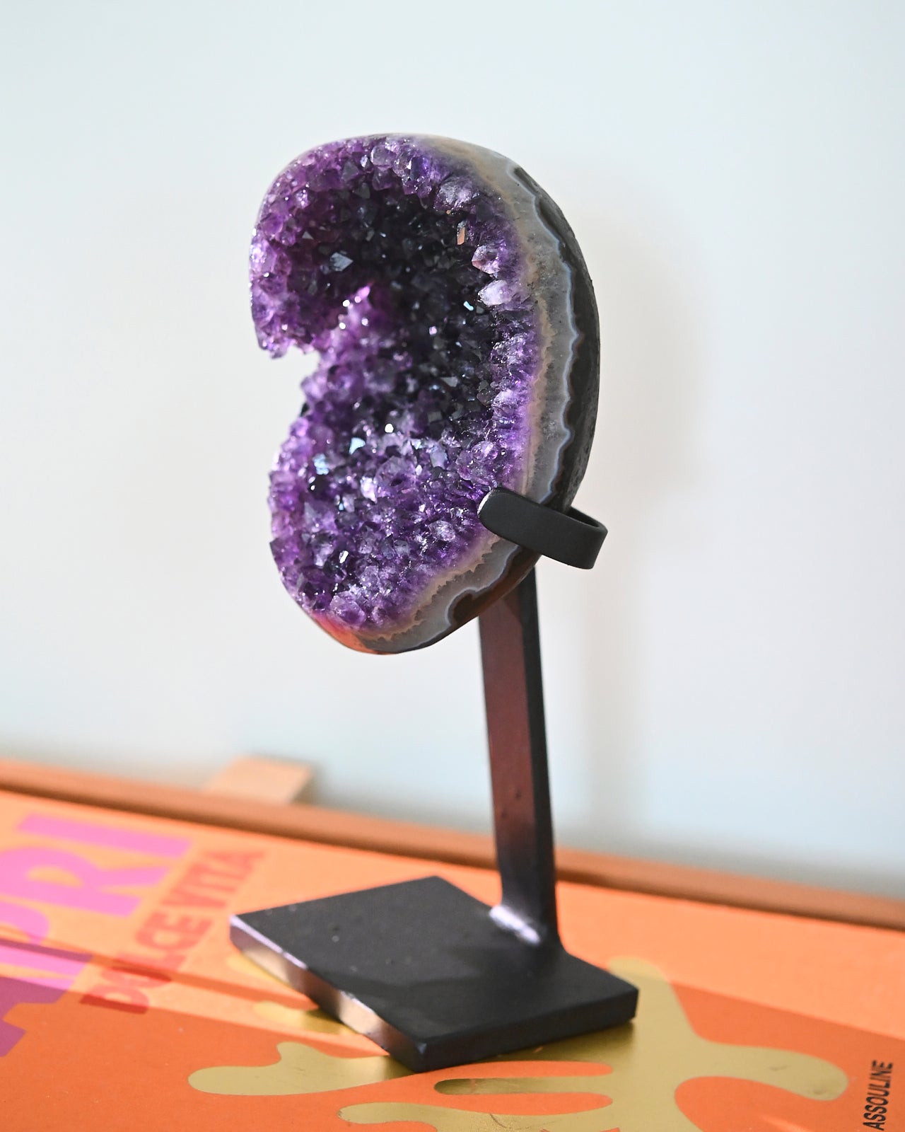 Natural Amethyst Crystal Geode on Wooden Stand - 4.2lbs Healing Stone for Home Decor, Meditation & Spiritual Gifts