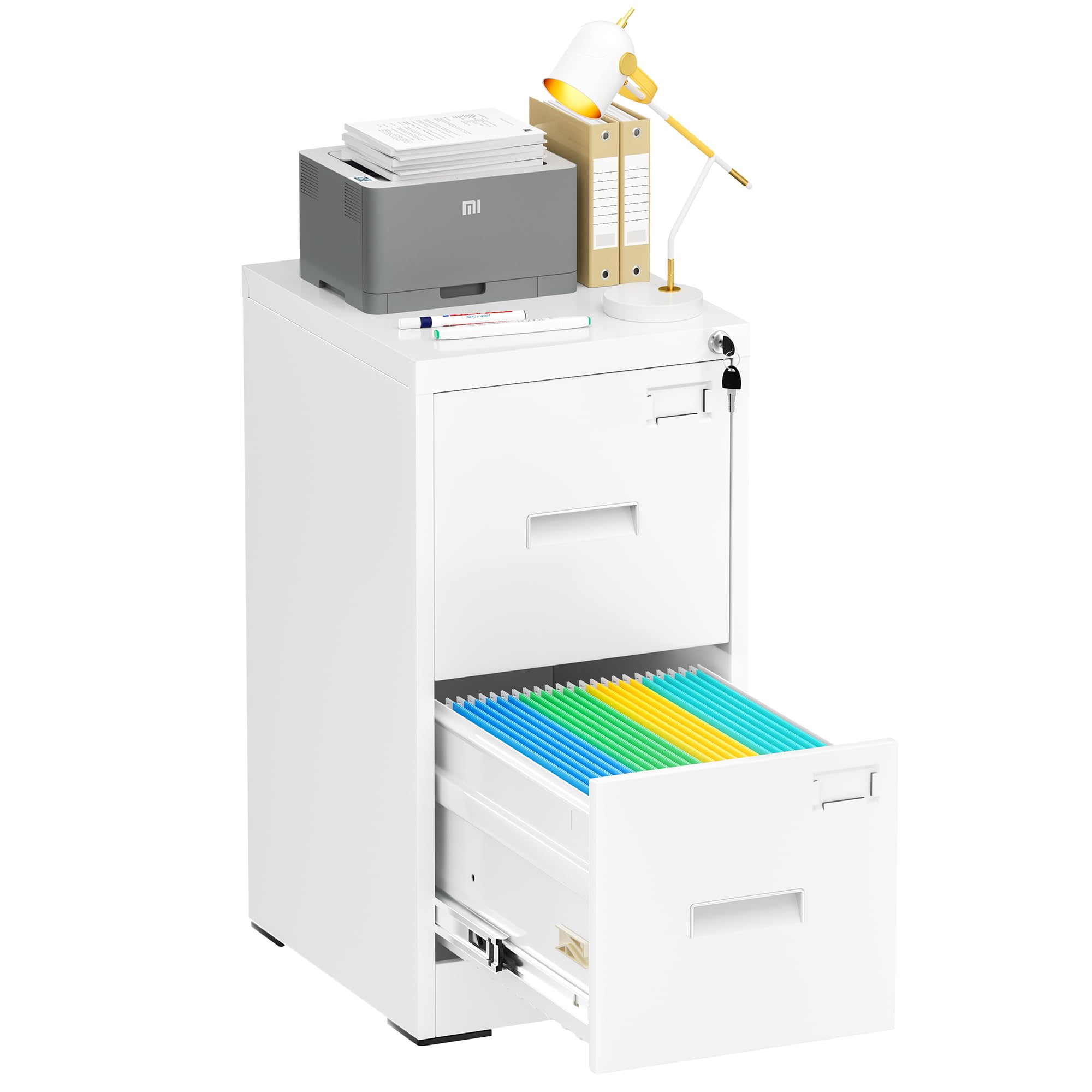 Bonusall 2-Drawer Vertical Metal File Cabinet with Lock - Secure Letter/Legal/A4/F4 Size Lateral Filing Cabinet for Home Office - Durable Steel Organizer for Documents, Files & Office Supplies (White) - Perfect for Organizing Home Office, Study Room or Workspace
