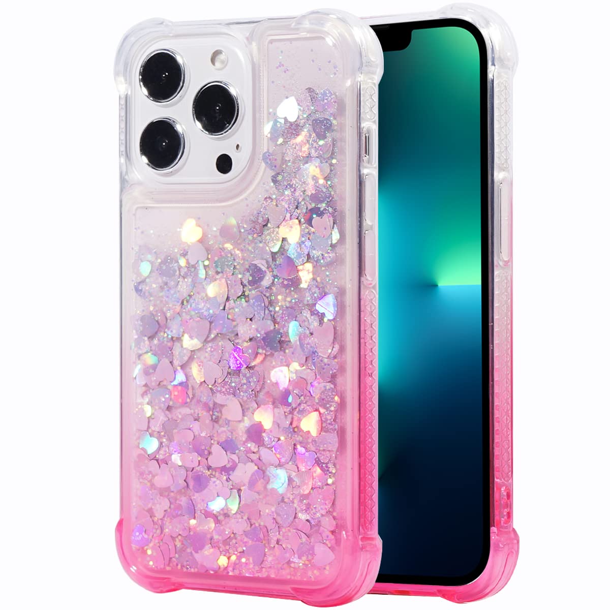 Flocute Glitter Phone Case for iPhone 13 Pro Max - Christmas Clear Soft TPU Rubber Bumper Case with Liquid Glitter, Cute Girly Design for Women (Pink) | Perfect Holiday Gift & Everyday Protection
