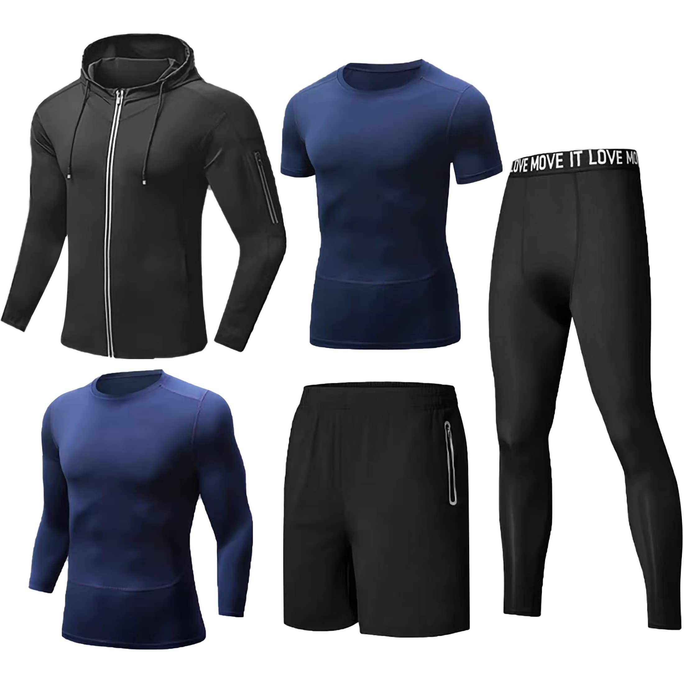 5Pcs Men's Workout Clothes Set - Running Compression Pants, Short/Long Sleeve Shirt & Jacket - Moisture Wicking Athletic Outfit for Gym, Jogging & Training
