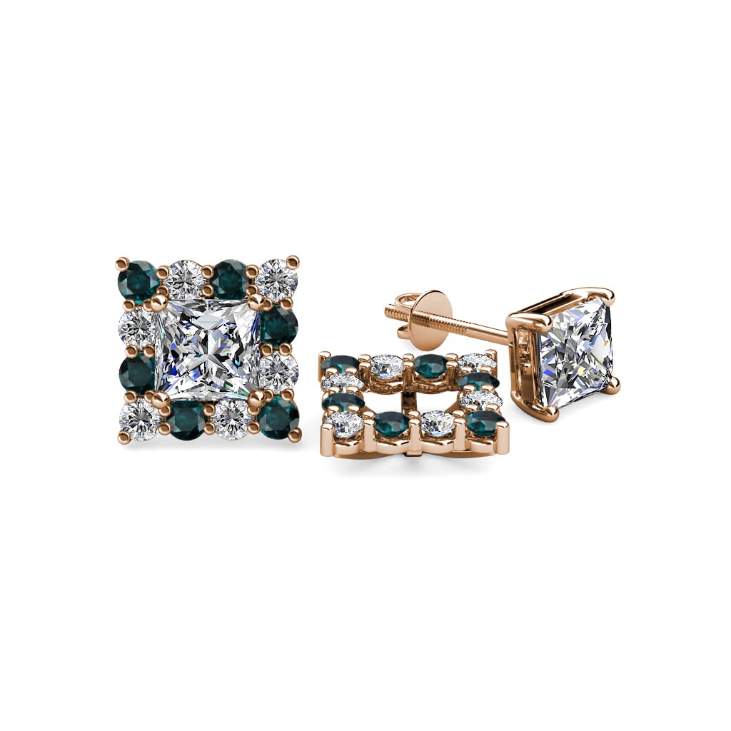 14K Gold London Blue Topaz & Natural Diamond Halo Princess Cut Stud Earrings 0.78ctw - Perfect for Weddings, Anniversaries & Special Occasions
