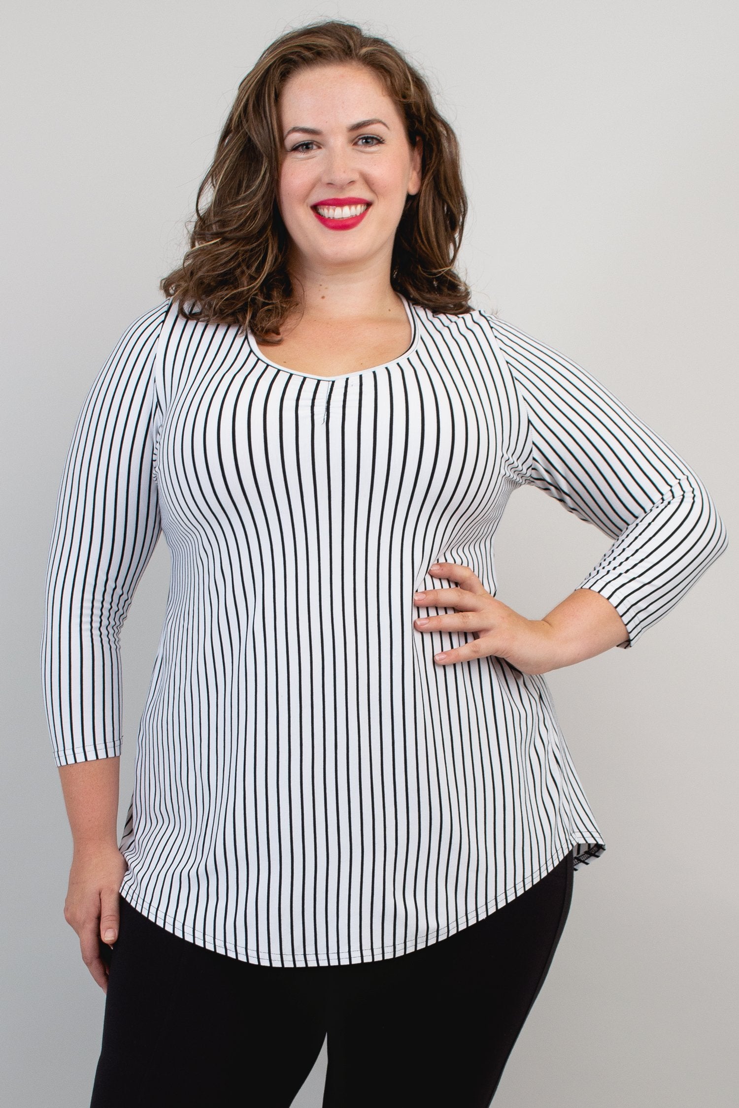 Franny Top - White & Black Small Stripe Bamboo V-Neck T-Shirt for Women | Soft Breathable Eco-Friendly Fabric | Perfect for Casual Wear, Yoga & Summer Outfits