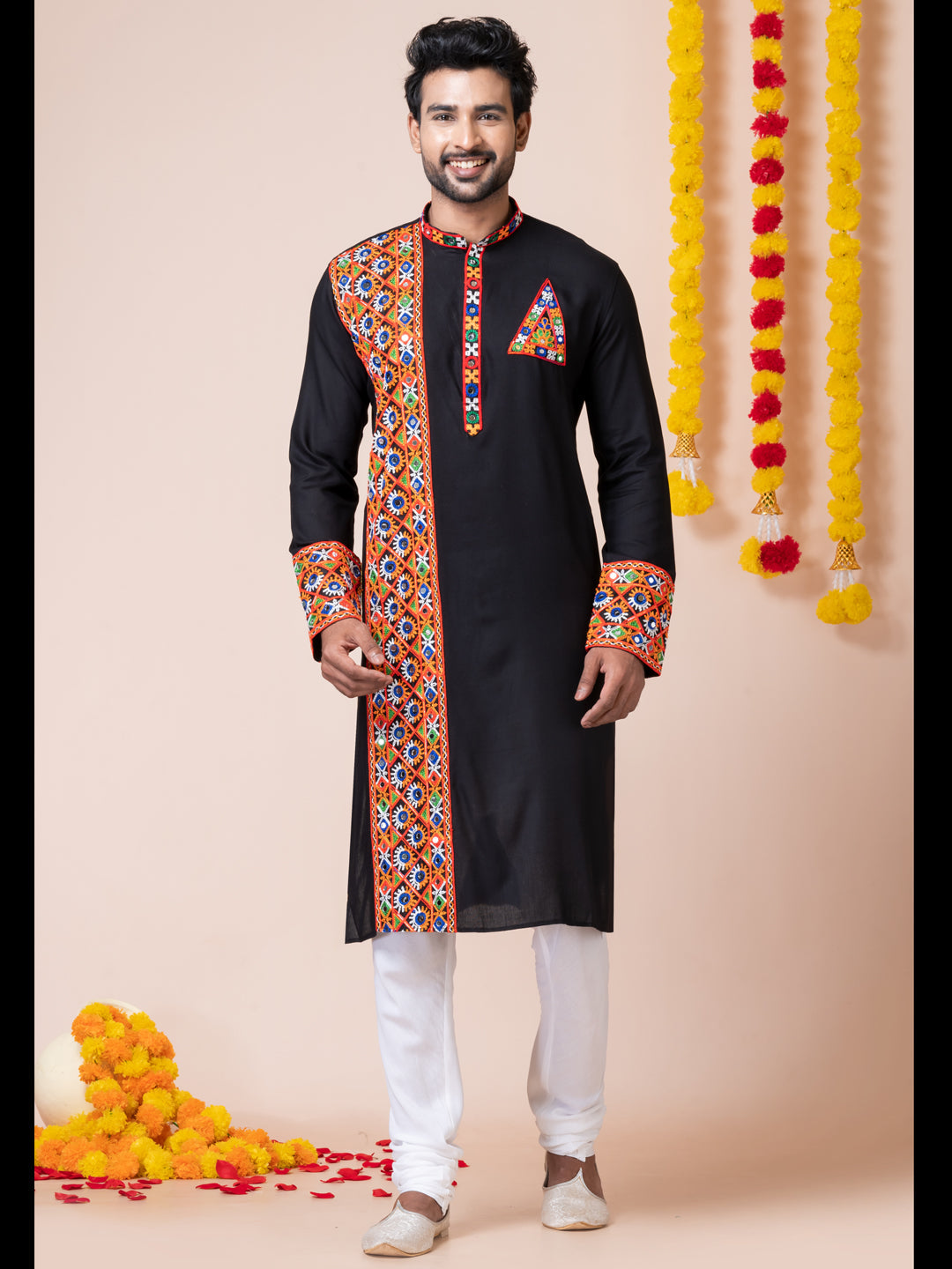 Black Navratri Special Men's Kurta Churidar Set with Machine Embroidery & Lace Work | Traditional Indian Ethnic Wear for Festivals & Weddings