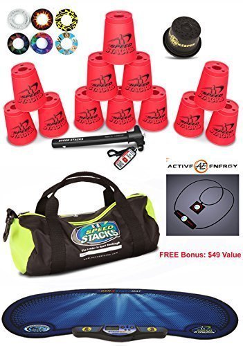 Speed Stacks Custom Combo Set - The Works: 12 Neon Pink Stacking Cups, Cup Keeper, Quick Release Stem, Pro Timer, Gen3 Mat, 6 Snap Tops & Gear Bag + Free Bonus: Active Energy Power Balance Necklace - Perfect for Speed Stacking Competitions, Family Game Nights & STEM Learning Activities