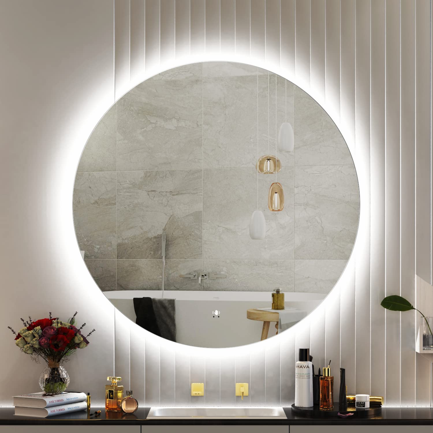 KLC 24 Inch Round LED Backlit Bathroom Mirror - Touchless Smart Vanity Mirror with Anti-Fog, Dimmable Memory & CRI 90+ Lighting - IP54 Waterproof Wall Mounted Mirror for Makeup, Shaving & Home Decor