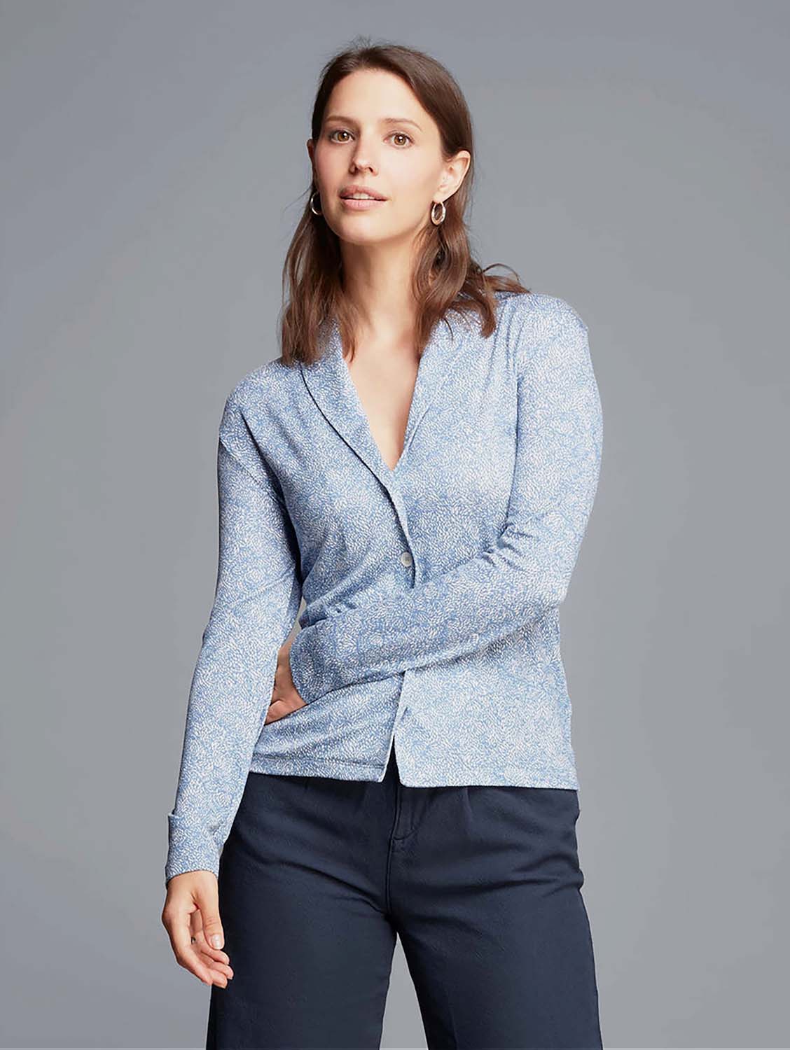 Stylish Light Blue TENCEL™ Lyocell Shawl Collar Top with Floral Pattern - Breathable & Eco-Friendly Women's Blouse for Work, Date Night & Spring Outfits