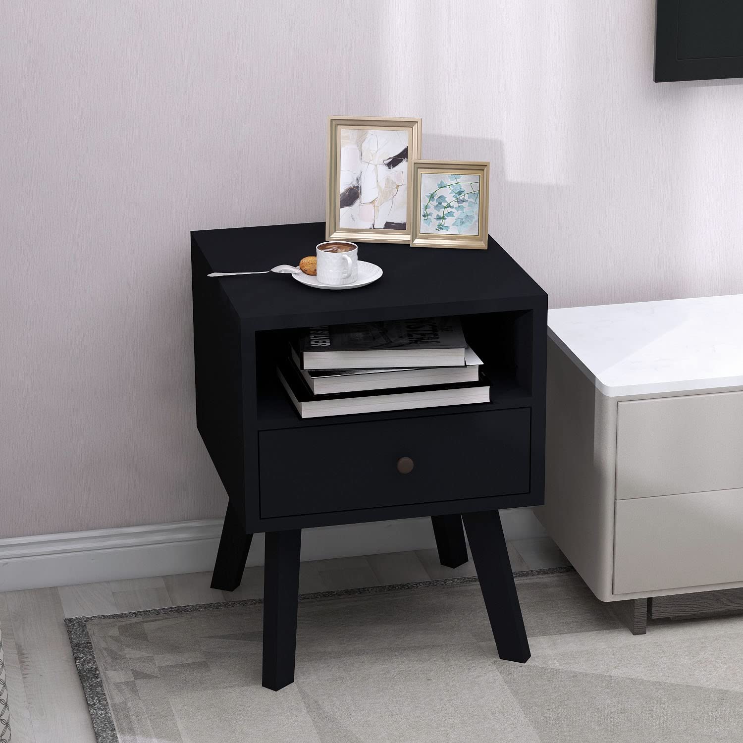 Mid-Century Modern Nightstand with 1 Drawer & Open Shelves - Black Wood Bedside Table for Bedroom Storage & Decor | Perfect for Small Spaces & Contemporary Home Design