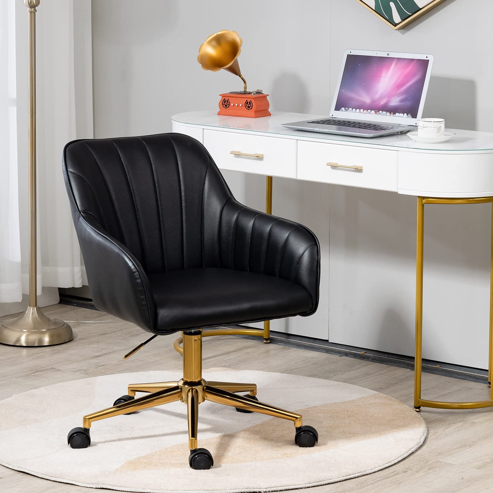 MOJAY Modern Office Chair - Faux Leather Swivel Desk Chair with Golden Legs, Ergonomic Armchair for Home Office, Bedroom, or Vanity (Black) - Perfect for Work, Study, and Makeup Stations