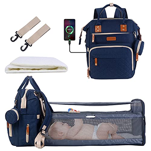 Heepapa 28L Waterproof Diaper Backpack for Moms & Dads - Fits 15.6 Inch Laptop, Includes Portable Bassinet, Changing Pad, Mosquito Net, USB Charging Port & Stroller Straps - Perfect for Travel, Outings & Baby Care (Navy Blue)